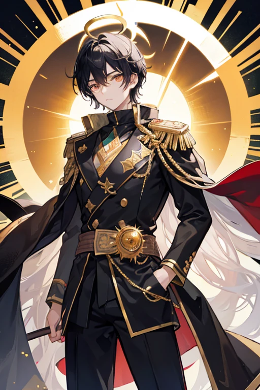 (masterpiece, best quality), 1boy, black hair, glowing gold eyes, sun background, sun halo, black duke outfit, golden epaulettes,