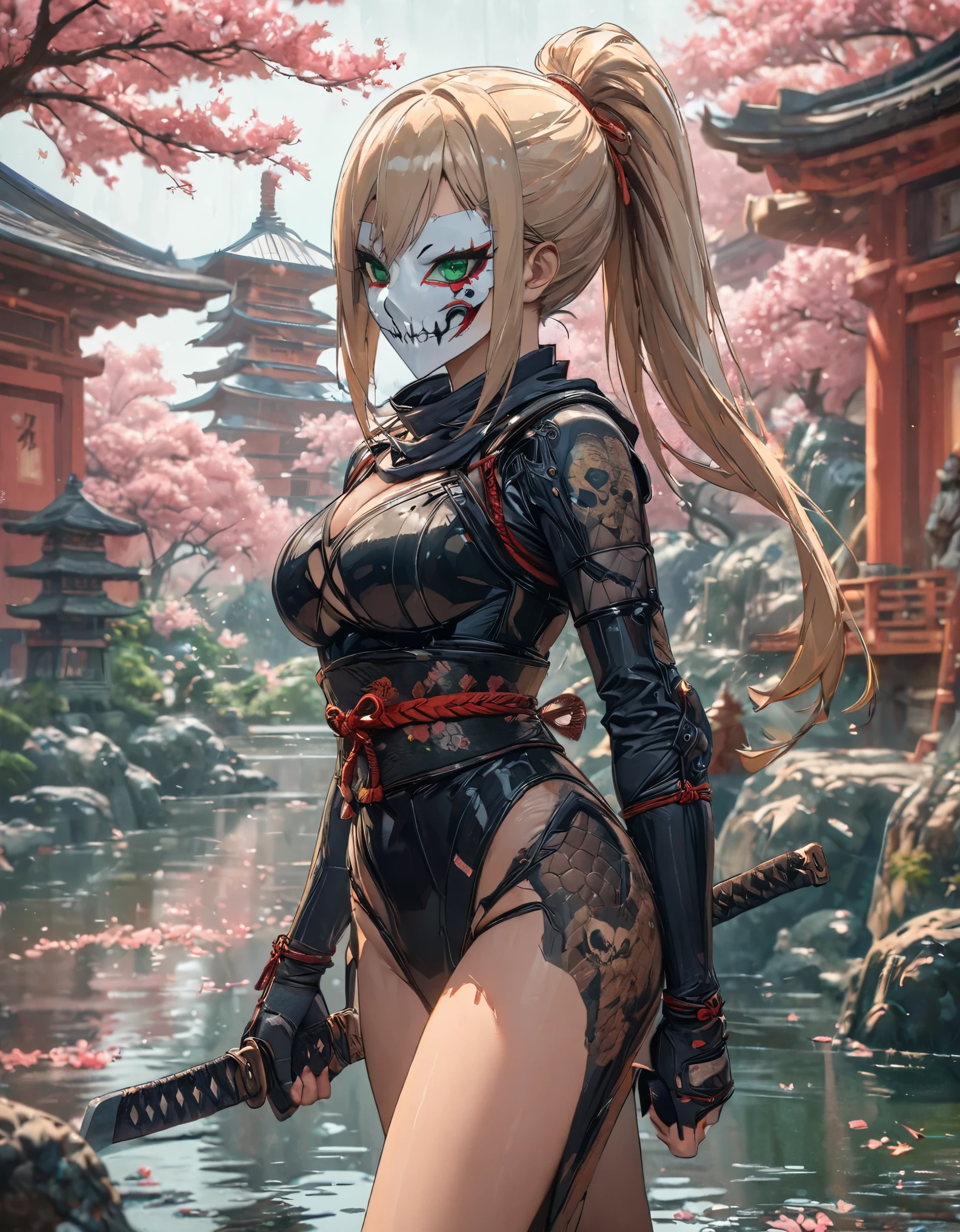 close shot, girl focus,Random pose,A female ninja on her way to her enemy,sexy full body, ponytail hair, skull drawing mask,sexy ninja suit, holding a small katana,tattoo,japanese pagoda,pond, Sakura tree, kunai and shuriken lay around,artwork,4K,Detailed,4k highly detailed digital art,octane render,masterpiece,best quality,ligne claire,(cool_color),perfect composition,absurdres, fantasy,focused,rule of thirds, light blonde hair,green eyes, (leotard,bare legs,boots,toeless legwear), cowboy shot, full body with costume