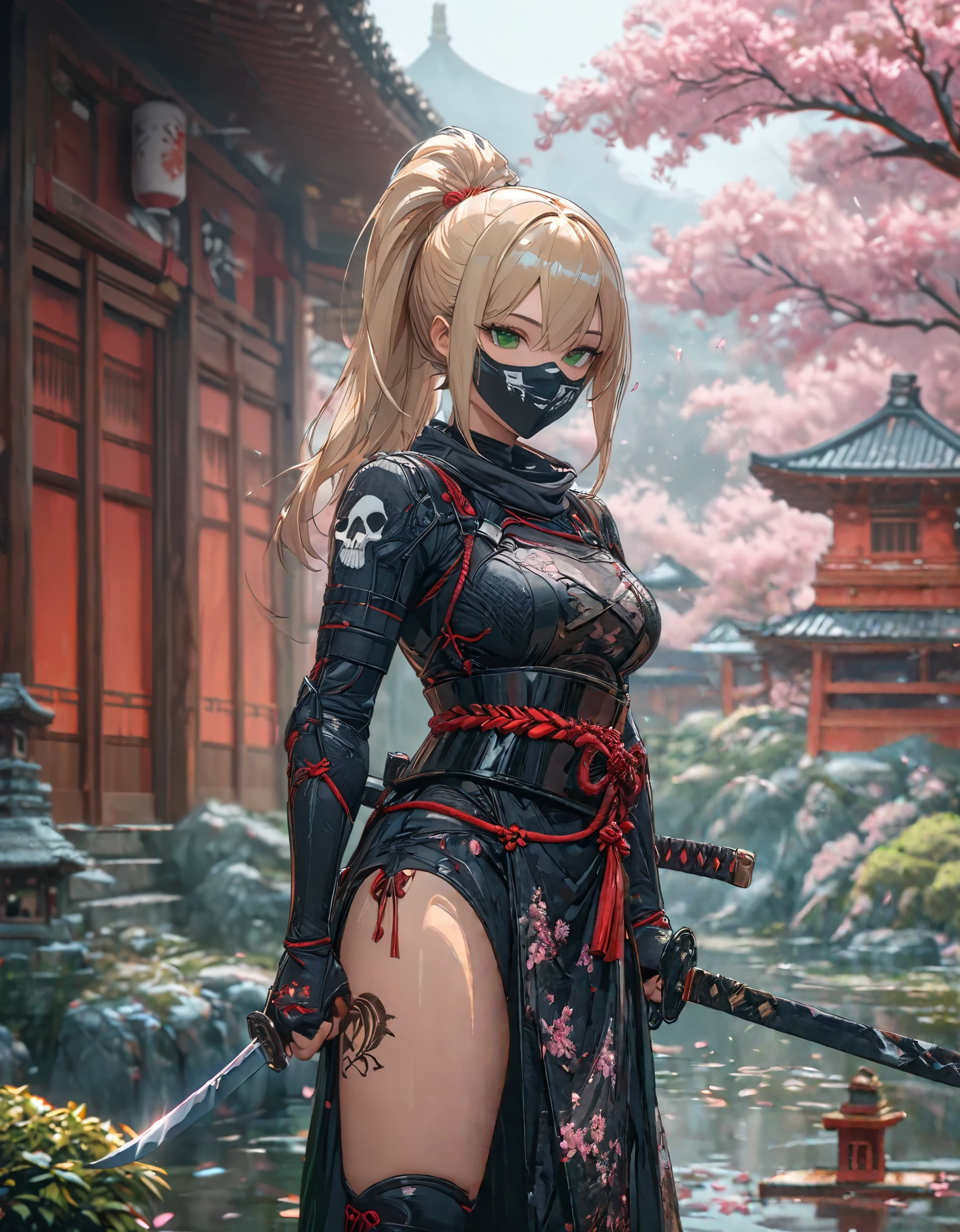 close shot, girl focus,Random pose,A female ninja on her way to her enemy,sexy full body, ponytail hair, skull drawing mask,sexy ninja suit, holding a small katana,tattoo,japanese pagoda,pond, Sakura tree, kunai and shuriken lay around,artwork,4K,Detailed,4k highly detailed digital art,octane render,masterpiece,best quality,ligne claire,(cool_color),perfect composition,absurdres, fantasy,focused,rule of thirds, light blonde hair,green eyes, (leotard,bare legs,boots,toeless legwear), cowboy shot, full body with costume