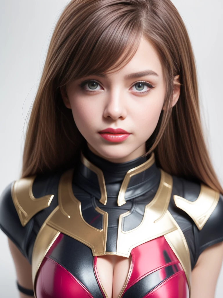 beautiful face woman、blonde、white background、 Beautiful woman、18-year-old、Beautiful woman、ultra-realistic photography、high resolution photos、Red Lipstick Andalorian Style Metal Armor Skirt Suit、Not much skin exposed、Don't cut your head off the screen、tartan check、there's pink there、facing the front