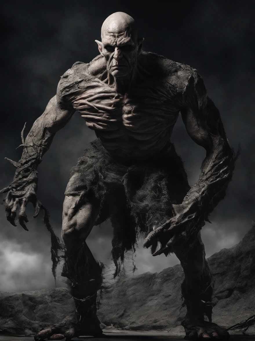  massive 8 feet tall muscled bald hairless mutated semi-orc-troglodyte like human with cracked desiccated skin he has a few large organic spike protrusions made of his desiccated skin on his arms and back, ready for battle to crush his prey, (masterpiece) ( 8K resolution) low light, monotone muted colors, wide angle lens perspective distortion shallow depth of focus ultra high quality photography best quality, ultra photo realistic, ((shallow depth of field focus)) ultra high quality photography best quality, scary