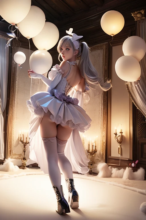 (holding balloons), (((full body))), real photo, girl, Brat female , (((drawers))), ((looking back at me)), twin tails, big ribbon, silver boots,