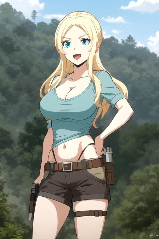 ultra high res, masterpiece, 1girl, IrinaJelaviÄR4, blonde hair, blue eyes, :d, expressive eyes, perfect face, large breast, big breast, small waist, perfect figure, highly detailed, showing cleavage, dressed as lara croft, full body portrait, she's in the jungle, brown shorts, belt gun holster, teal spandex top, brown hiking boots, vines and tall tree's in the background, brown shorts, dark brown shorts, short shorts, teal top, mid section exposed, cloud, cloudy_sky, condensation_trail, day, long_hair, navel, open_mouth, holding and aiming two pistols, outdoors, sky, smile, solo
