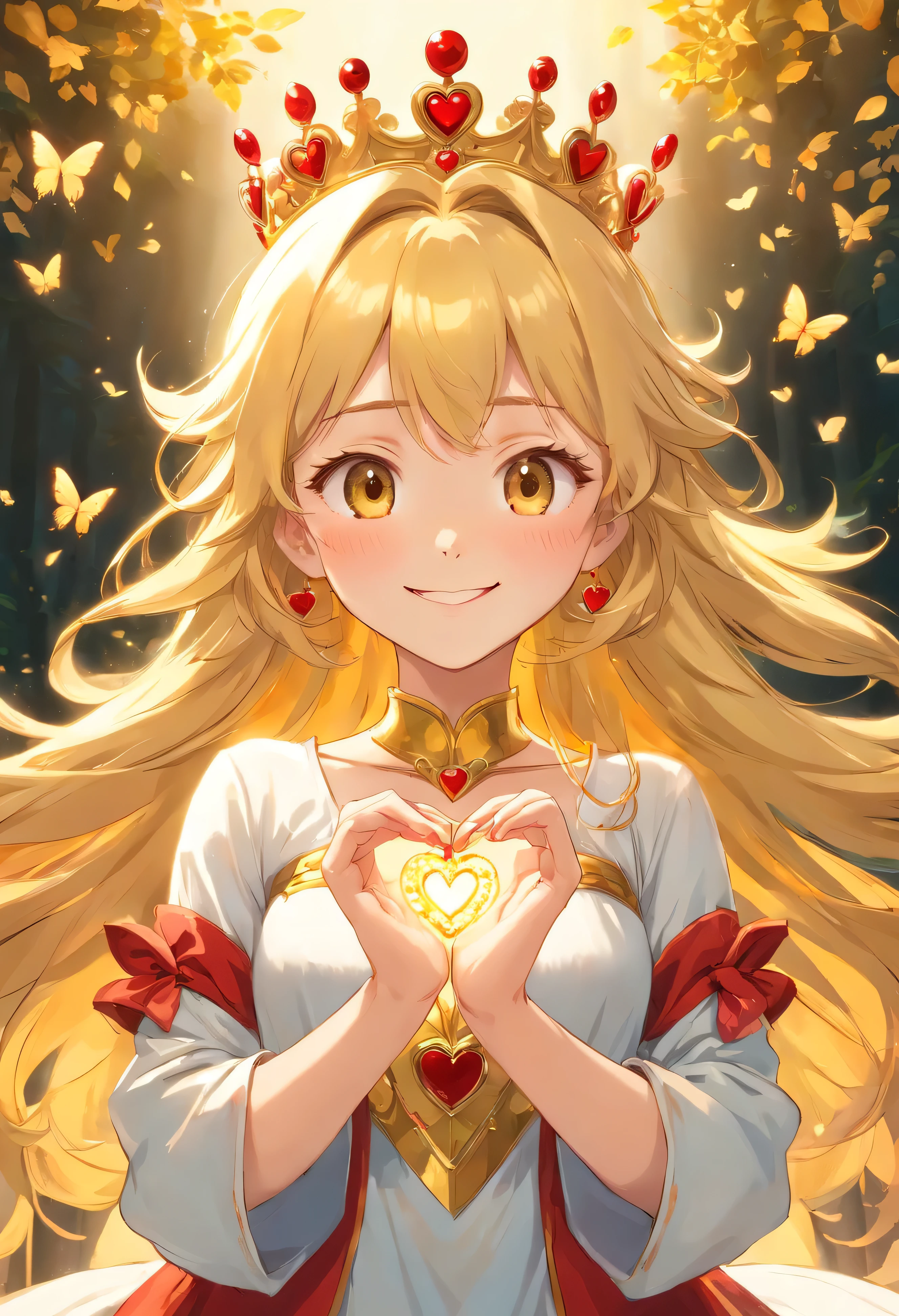 A delicate and beautiful ultra detailed girl with long, slightly wavy bright golden hair cascading down her back framing her face as she is smiling with joy forming a heart with her hands denoting her joy shining in light. Usando un vestido adornando con intrincados patrones dorados y rojos. On top of his head he wears a magnificent golden crown.. Its intricate design reflects perfection with red and gold butterflies delicately perched on it.. She is facing the front smiling, forming a heart with her delicate hands., muy feliz. Making a heart sign with both hands. Forming a heart with both hands. Chica con cabello dorado. Shape a heart with your hands perfectly. 