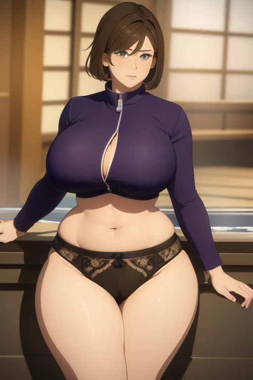 brown hair,short hair, beautiful and perfect face, expressive eyes, eyes, detailed body, detailed legs, high quality, high resolution, high quality, mature woman, single focus, hands on waist, front viewer( huge breasts, saggy breasts), (wide hips, thick thighs), huge ass,(v underwear:1.2), open jacket, jacket, purple jacket, long sleeves, open jacket,(pubic hair :1.3),(in thermal bath)