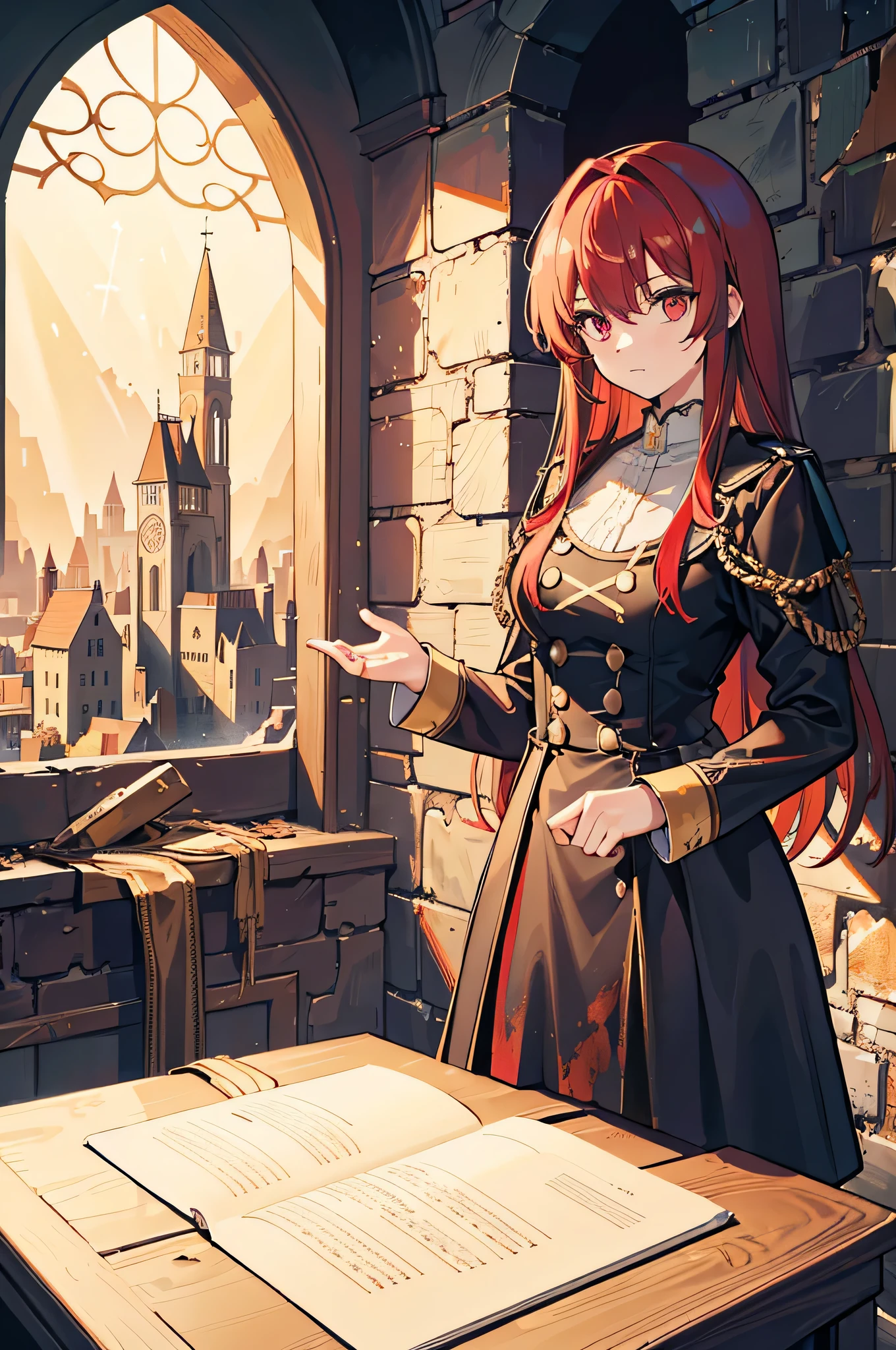 extremelydetailedwallpaper, Ultra-detailed details, detailed shadow, very precise detail, Extremely detailed 8k wallpaper, very fine 8KCG wallpapers,An old abandoned church. The girl who is standing. Her black military dress was torn and stained in some places. red hair was long and fluffy. Light enters through cracked stained glass windows.((castle background)),knight costume,