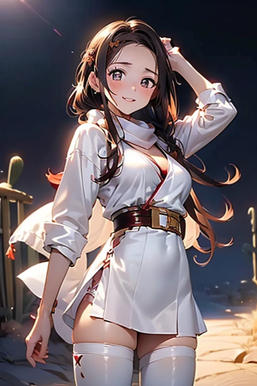 ((in a desert:1.5)), a matured woman with long hair and a white outfit, (resting in oasis:1.2), artwork in the style of guweiz, bodyesbian, fine details. girls frontline, beautiful anime illustration, from girls frontline, stunning, 21 years old, (solo:1.5), (sfw:1.25), beautiful breast, medium breasts, Amazing Cleavage, thin waist, big ass, Raised sexy, (dark mahogany medium long hair, updo, hair over one eye, asymmetric hair, Carly hair, low tied),(Headscarfs, hair bands, head vandage, Turban), (ultra high resolution, 8K RAW photo, photo realistics, weak outline:1.3, clear focus), best qualtiy, natural lighting, field depth, (Bright pupils, detailed beautiful eyes, high detailed face), Red lip, looking at viewers, (tight focus:1.2, from below), sexy posing, seductive weak smiling, center image, (wearing white long jacket and clothes, wearing short pants, gold ornaments, white clothes rolling around waist, camel-brown long leather boots, translucent lace pantyhose), ((correct anatomy:1.5)), ((outdoor:1.2)),
