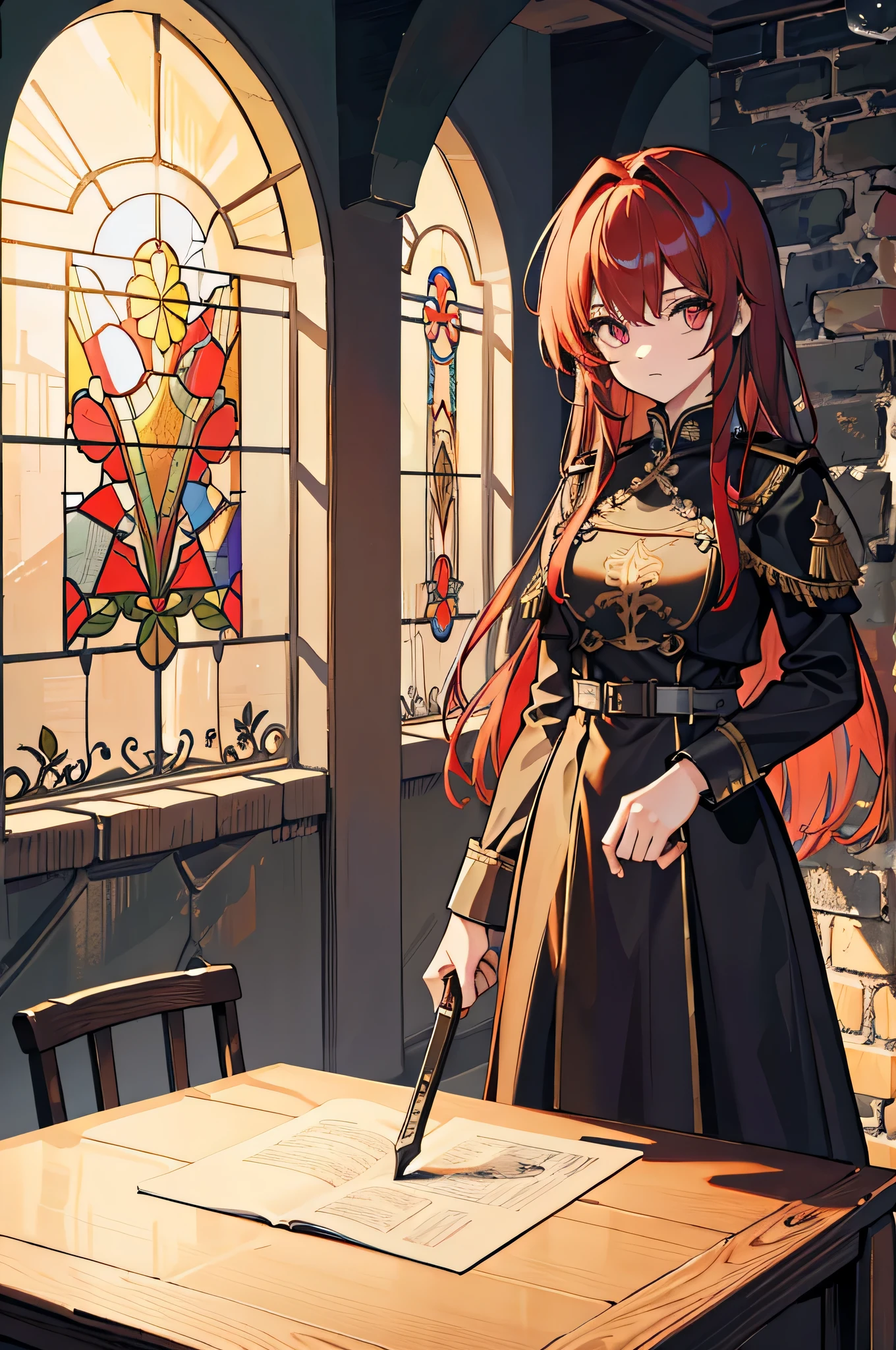 extremelydetailedwallpaper, Ultra-detailed details, detailed shadow, very precise detail, Extremely detailed 8k wallpaper, very fine 8KCG wallpapers,An old abandoned church. The girl who is standing. Her black military dress was torn and stained in some places. red hair was long and fluffy. Light enters through cracked stained glass windows.((castle background)),knight costume,