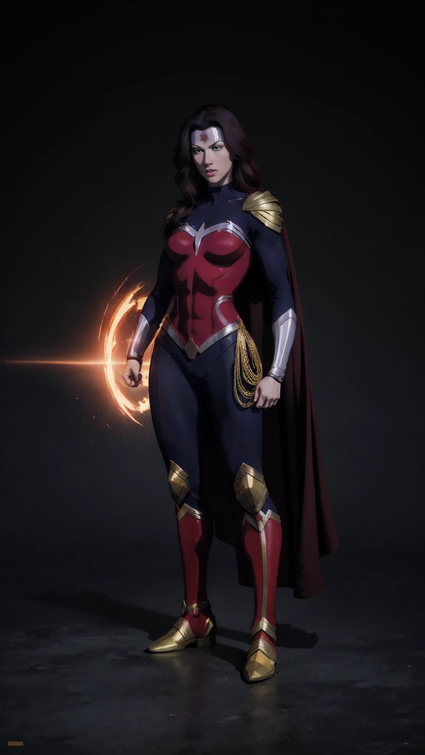 ((full body photo, standing, Feet on the ground)) Wonder Woman A red-haired male warrior with yellow eyes wearing black and gold Supergirl armor
