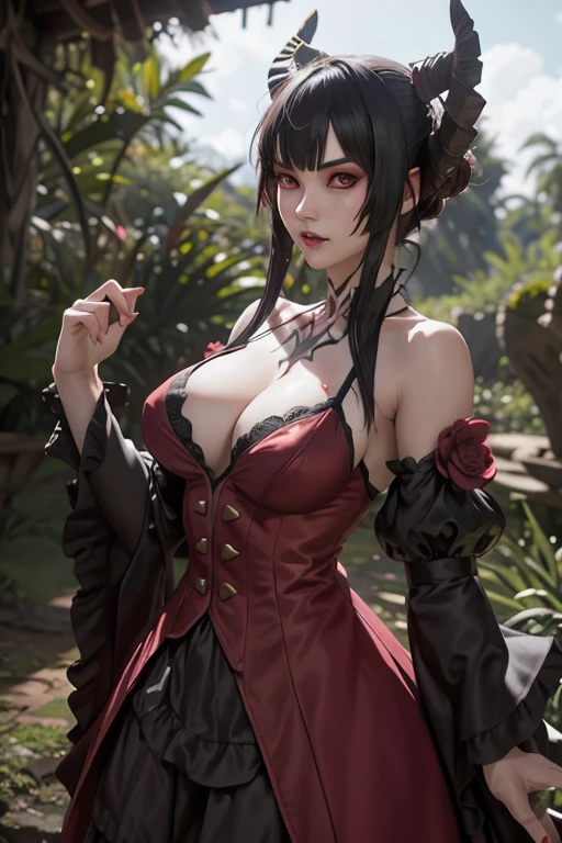Eliza From Tekken, sensual gothic dress, floresta ao fundo com uma cabana pouco iluminada entre as arvores