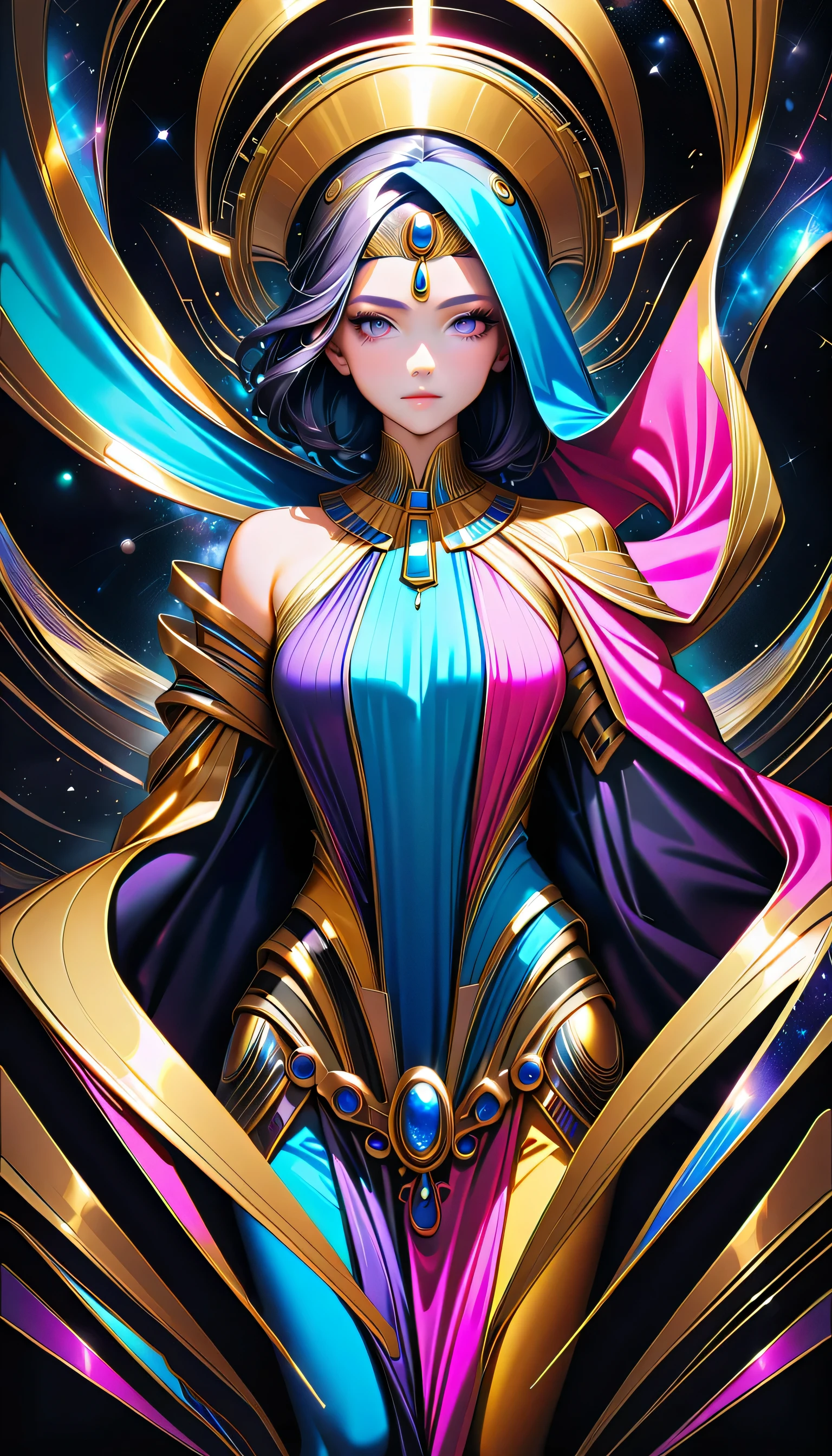 Art Deco, space, Expansiveness, Super detailed, Ultra-realistic, Ultra-realistic details, black, pink, yellow, Matte gold and silver, neon indigo, blue, drapery, velvet, High Polish, an ominous, Silver and chrome details, stripe, black background, Egypt, bronze, 8k,