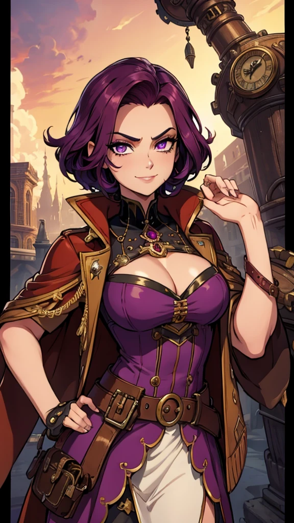 masterpiece, best quality, <lora:coloredSclera-000010:0.8> <lora:sovwitches-nvwls-v1-000009:0.9> marla, black sclera, white eyes, hair bun, sidelocks, purple skin, cape, black dress, puffy sleeves, cleavage, purple gloves, pelvic curtain, black thighhighs, huge breasts, looking at viewer, from below, night sky, grin, furrowed brow, leaning forward, standing