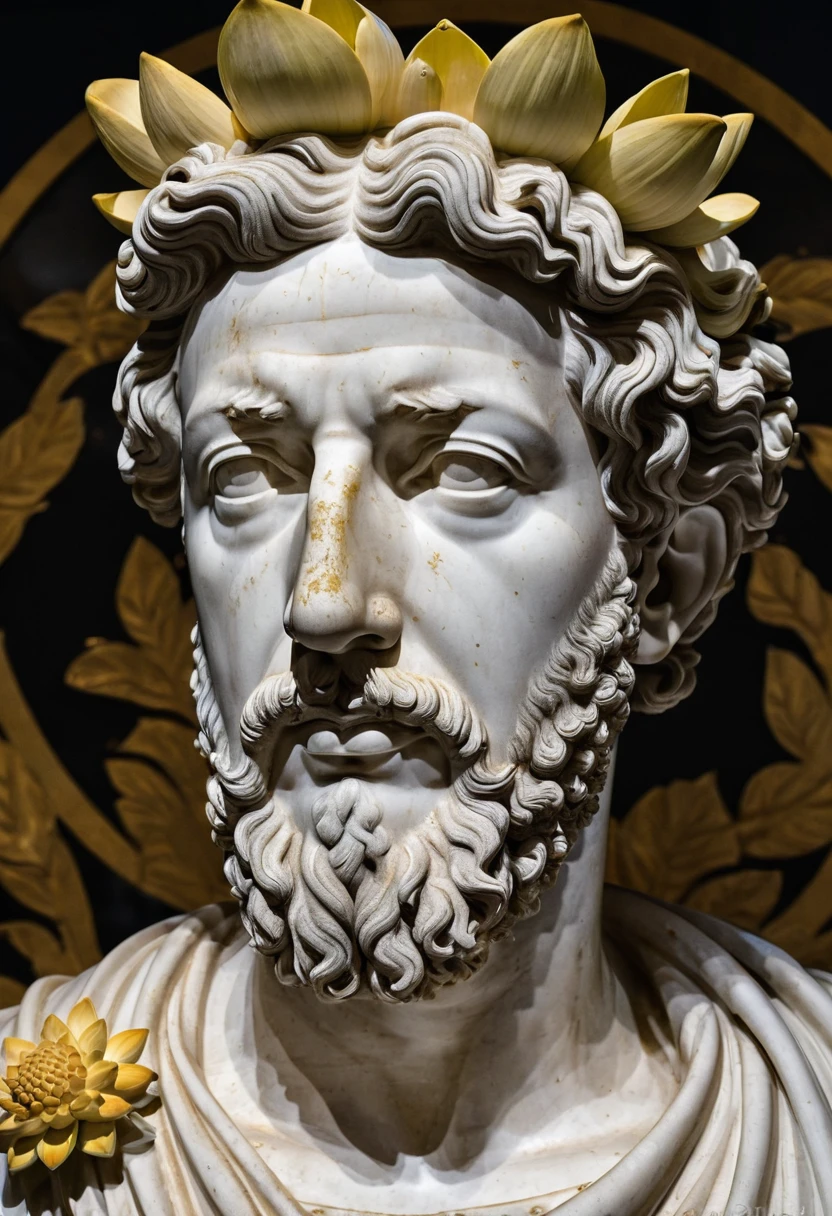 Bust statue of Marcus Aurelius with a lotus flower behind, fundo totalmente preto com colunas romanas