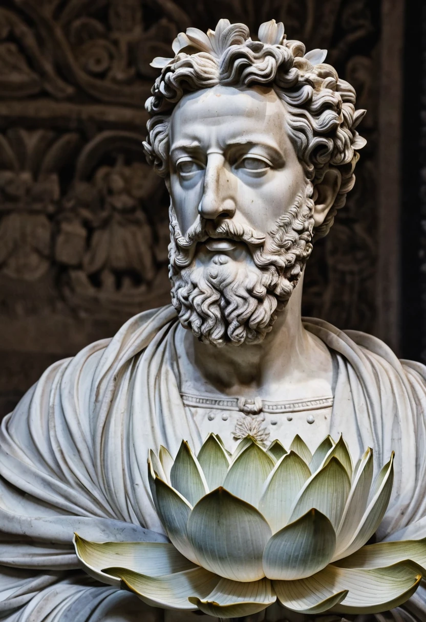 Bust statue of Marcus Aurelius with a lotus flower behind, fundo totalmente preto com colunas romanas