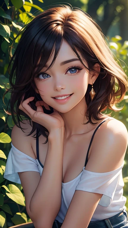 (Best quality,ultra detailed,photorealistic:1.37),bright and rich colors,studio lighting,playful and smiling expression of a beautiful face,stylish makeup, short denim shorts,hair fluttering in the wind,alluring smiling eyes, (((short T-shirt with a deep neckline))), glossy lips,sexy free pose, I smile confidently and seductively,posing for a professional photo shoot,shallow depth of field,highlighting the main subject,soft natural lighting,Creating a dreamy and magical atmosphere.