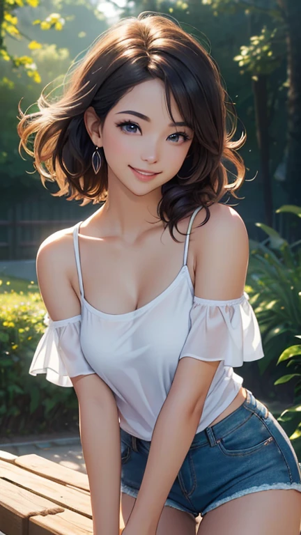(Best quality,ultra detailed,photorealistic:1.37),bright and rich colors,studio lighting,playful and smiling expression of a beautiful face,stylish makeup, short denim shorts,hair fluttering in the wind,alluring smiling eyes, (((short T-shirt with a deep neckline))), glossy lips,sexy free pose, I smile confidently and seductively,posing for a professional photo shoot,shallow depth of field,highlighting the main subject,soft natural lighting,Creating a dreamy and magical atmosphere.