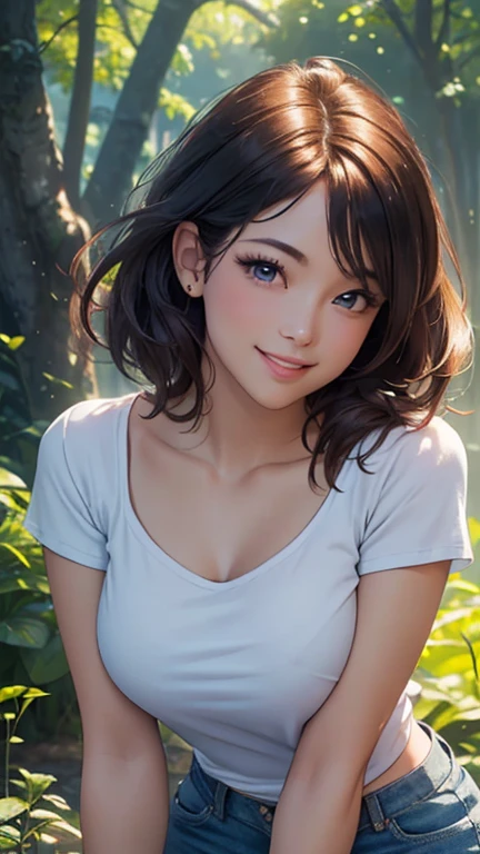 (Best quality,ultra detailed,photorealistic:1.37),bright and rich colors,studio lighting,playful and smiling expression of a beautiful face,stylish makeup, short denim shorts,hair fluttering in the wind,alluring smiling eyes, (((short T-shirt with a deep neckline))), glossy lips,sexy free pose, I smile confidently and seductively,posing for a professional photo shoot,shallow depth of field,highlighting the main subject,soft natural lighting,Creating a dreamy and magical atmosphere.