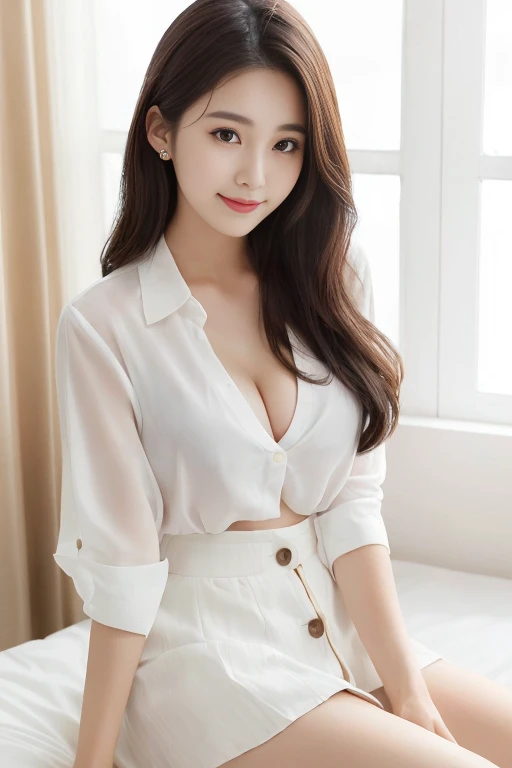 8kimage quality、High definition、A woman wearing an oversized white shirt sitting on a bed,(looking at the camera : 1.9)、She is wearing a mini skirt and a thin shirt., Lovely lady, Lovely lady, Sexy Girls, Slim girl photos model, Beautiful Japanese Woman, (22age), young、Sensual、elegant, Slim girl photos, The button above2Open shirt、Cleavage、8kimage quality、Cute smile、A gentle face、Slightly large breasts、Long Hair、Brunette Hair