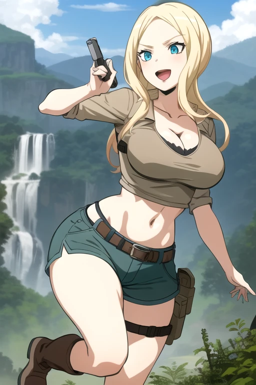 ultra high res, masterpiece, 1girl, solo, IrinaJelaviÄR4, blonde hair, blue eyes, :d, expressive eyes, perfect face, large breast, big breast, small waist, perfect figure, highly detailed, showing cleavage, dressed as lara croft, full body portrait, she's in the jungle, brown shorts, belt gun holster, teal spandex top, brown hiking boots, jungle and destroyed stone temple in the background, brown shorts, dark brown shorts, short shorts, teal top, mid section exposed, cloud, cloudy_sky, condensation_trail, day, long_hair, navel, open_mouth, holding and aiming two pistols, outdoors, sky, smile, solo
