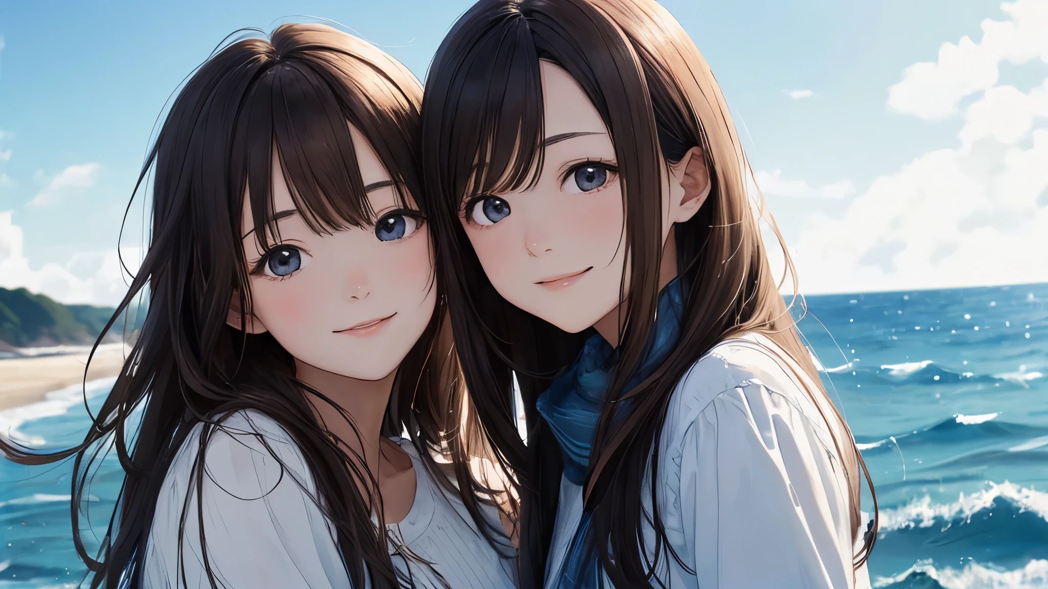 Shiraishi Mai, Looks exactly like Shiraishi Mai, A kind smile ,Long Hair, Dark brown hair, 2 girls, 18-year-old, photograph, Realistic, highest quality, Detailed face, Strong sunlight, Ocean, Detailed Background, Diffused sunlight, Depth of written boundary, Bokeh (highest quality: 1.2), (masterpiece: 1.2), Watch Viewer, one piece, White Theme, Thin Blue Stripes,cowboy shot,Looking up at the sky