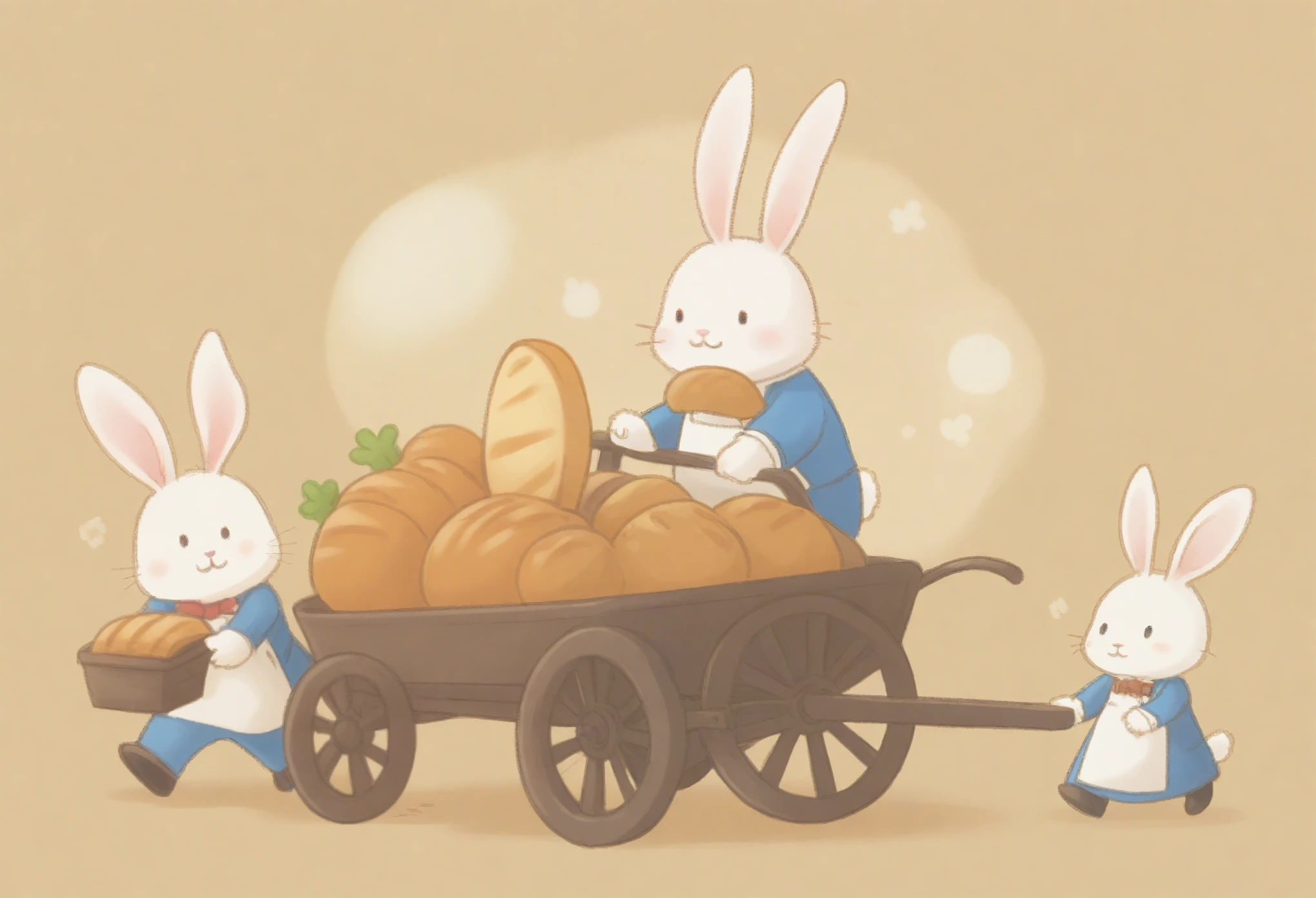 Cute illustrations, flat, Picture book illustrations, doodle style, 3 rabbits, bakers, Hand Cart, a large rabbit makes bread, a medium rabbit looks after the Hand Cart, a small rabbit advertises in front of the Hand Cart