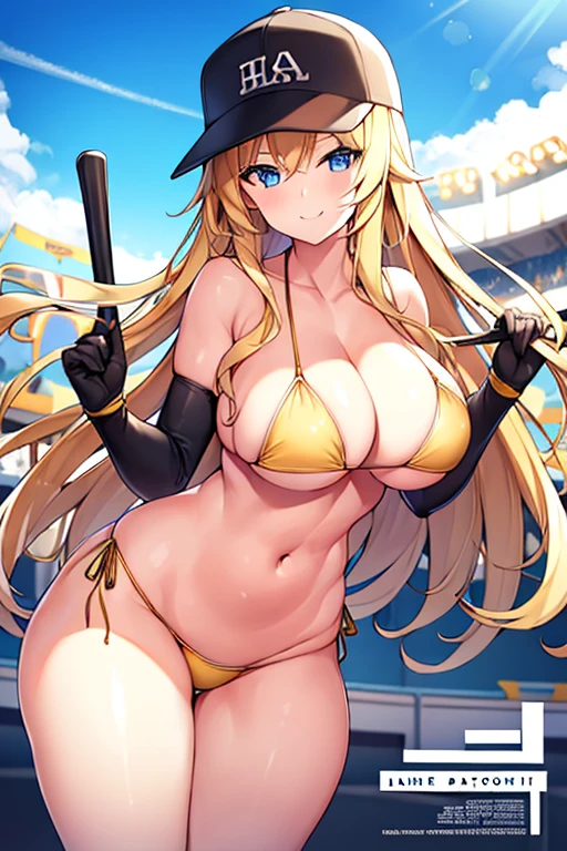 1girl, blonde hair, long hair, blue eyes, large breasts, breasts, wide hips, thick thighs, wide hips, mature female, hourglass figure, athletic female, toned, toned female, tall, tall female, smile, bikini, highleg bikini, highleg, micro bikini, string bikini, yellow bikini, ((yellow bikini)), black trim, number, numbered, numbers, bat, baseball bat, baseball cap, cap, hat, text, stadium, smile, gloves,