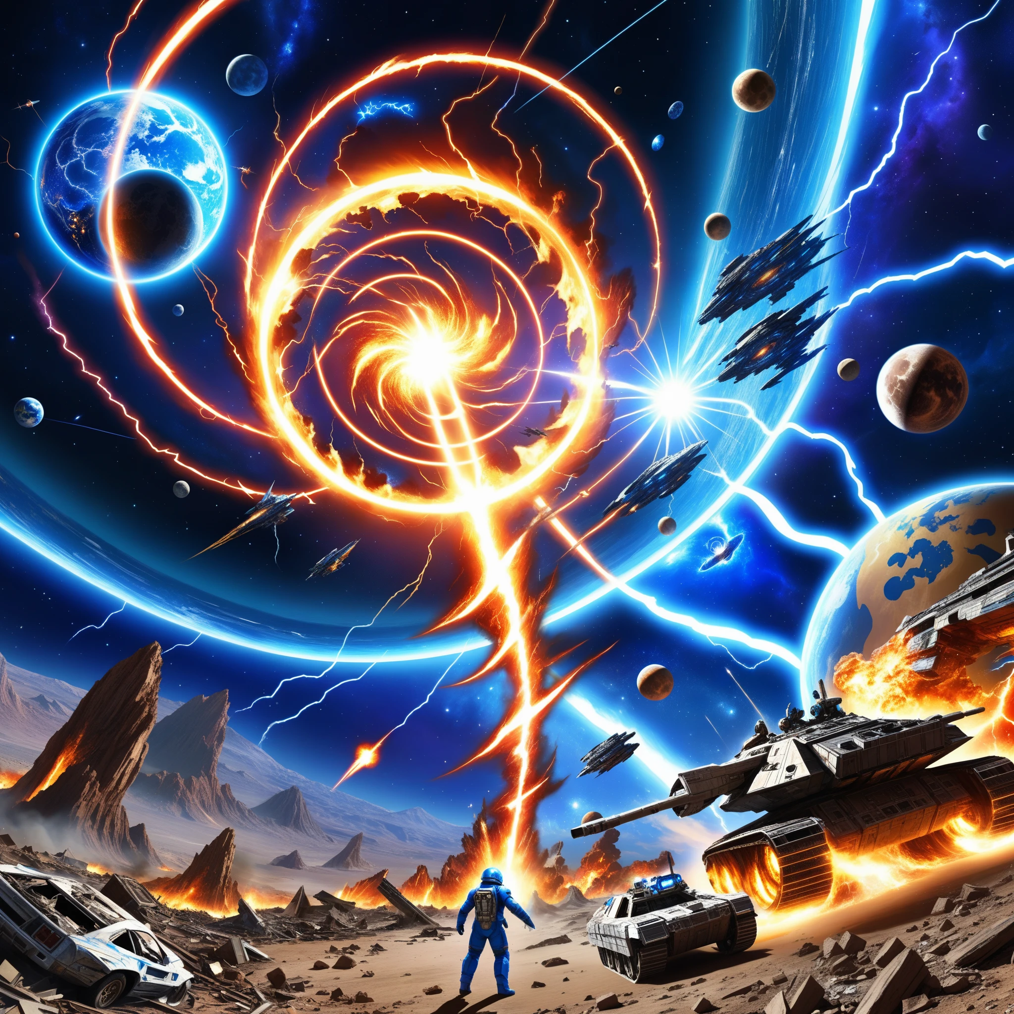 Tragedy of the world, dying worlds , destroyed atmosphere, junk in outer space, cataclysms : 2.0, Lightning fire tornado, dying stars, parallax, apocalypse, attack by a superior race consisting of blue shiny particles, they are formless something, worlds split one by one, destroyed moon, shockwave diverging rings in space,(strong rotation of everything), lots of details : 1.4, skill : 1.6, fantasy art : 1.7