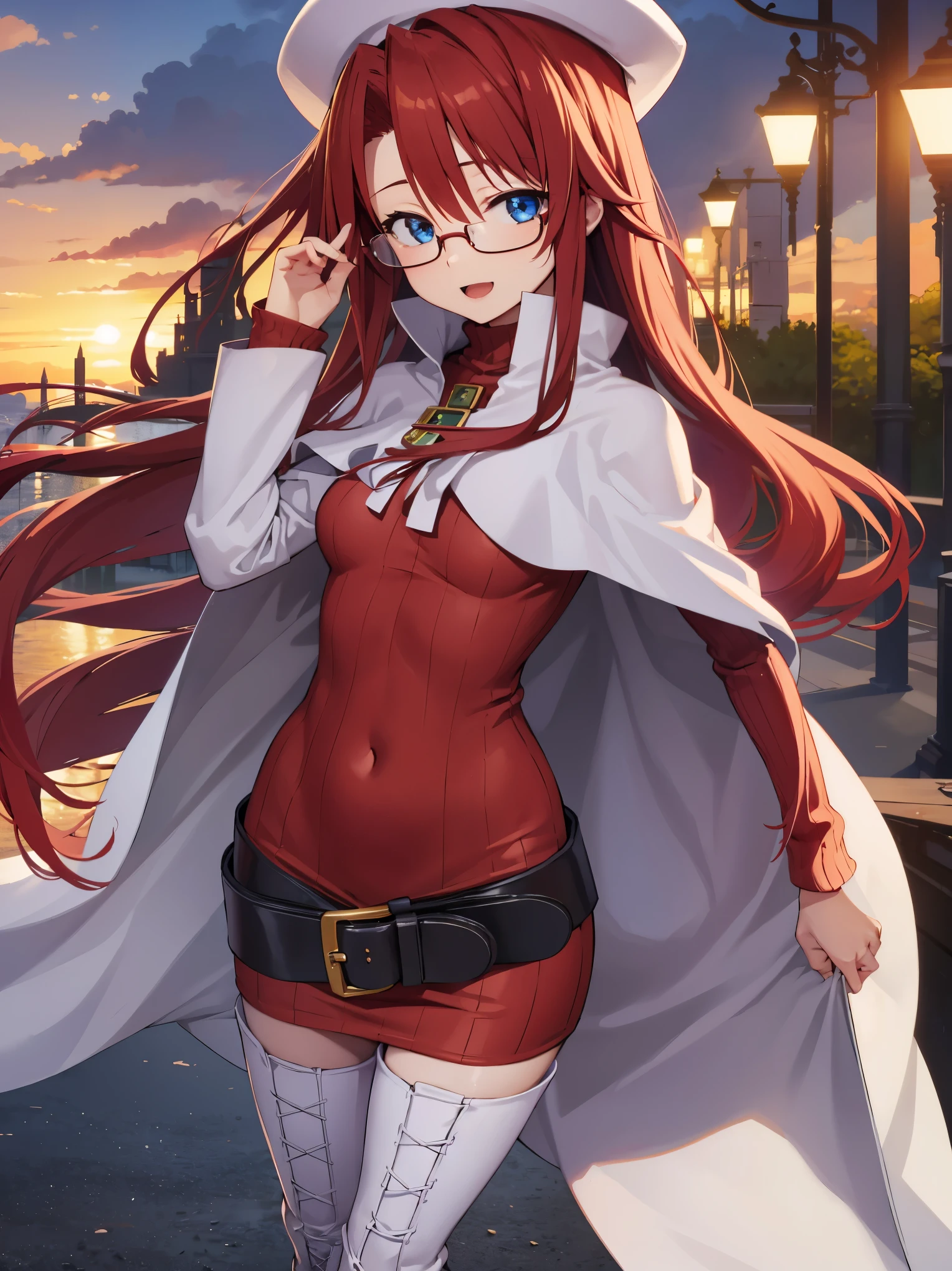summonnightaty, aty, long hair, blue eyes, red hair, beret, hat, glasses,
BREAK long hair, thighhighs, hat, dress, boots, glasses, belt, cape, sweater, zettai ryouiki, beret, thigh boots, white footwear, ribbed sweater, loose belt,solo,
BREAK outdoors, fantasy,on_a_ship,
BREAK (masterpiece:1.2), best quality, high resolution, unity 8k wallpaper, (illustration:0.8), (beautiful detailed eyes:1.6), extremely detailed face, perfect lighting, extremely detailed CG, (perfect hands, perfect anatomy),covered_nipples,covered_navel,light_smile ,(half_eyes:1.4),long_sword,edge,armpit,sleepy,dynamic_standing,red_sweater,apart_legs,magical_effect,pulmp,big_tits,light_open_mouth,prepare_a_sword