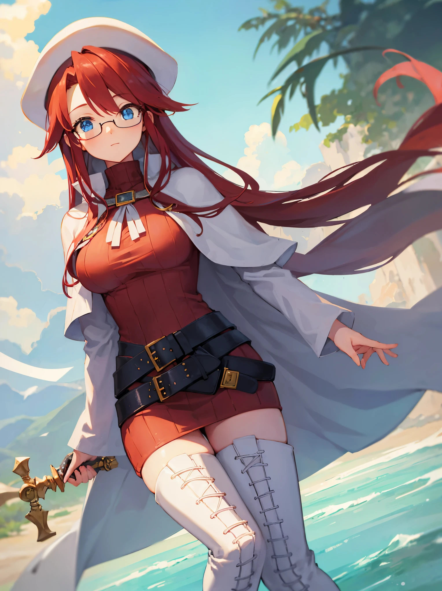 summonnightaty, aty, long hair, blue eyes, red hair, beret, hat, glasses,
BREAK long hair, thighhighs, hat, dress, boots, glasses, belt, cape, sweater, zettai ryouiki, beret, thigh boots, white footwear, ribbed sweater, loose belt,solo,
BREAK outdoors, fantasy,on_a_ship,
BREAK (masterpiece:1.2), best quality, high resolution, unity 8k wallpaper, (illustration:0.8), (beautiful detailed eyes:1.6), extremely detailed face, perfect lighting, extremely detailed CG, (perfect hands, perfect anatomy),covered_nipples,covered_navel,light_smile ,(half_eyes:1.4),long_sword,edge,armpit,sleepy,dynamic_standing,red_sweater,apart_legs,magical_effect,pulmp,big_tits,light_open_mouth,prepare_a_sword