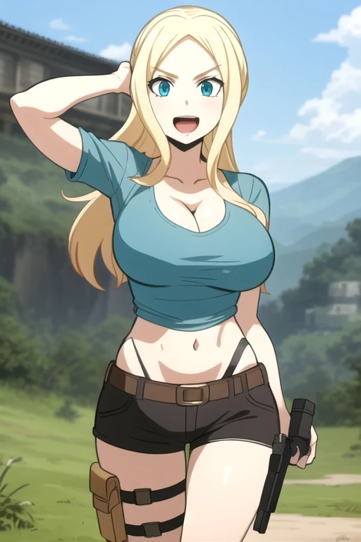 ultra high res, masterpiece, 1girl, solo, IrinaJelaviÄR4, blonde hair, blue eyes, :d, expressive eyes, perfect face, large breast, big breast, small waist, perfect figure, highly detailed, showing cleavage, dressed as lara croft, full body portrait, she's in the jungle, brown shorts, belt gun holster, teal spandex top, brown hiking boots, jungle and destroyed stone temple in the background, brown shorts, dark brown shorts, short shorts, teal top, mid section exposed, cloud, cloudy_sky, condensation_trail, day, long_hair, navel, open_mouth, holding and aiming two pistols, outdoors, sky, smile, solo
