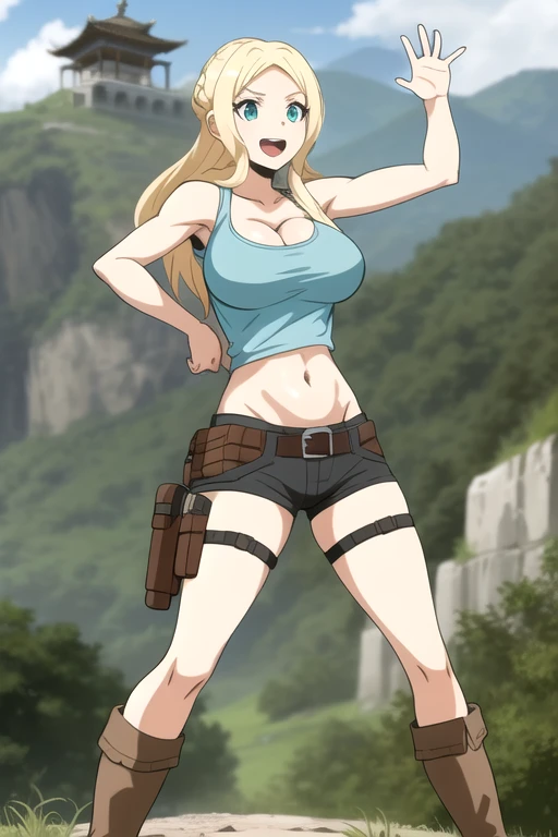 ultra high res, masterpiece, 1girl, solo, IrinaJelaviÄR4, blonde hair, blue eyes, :d, expressive eyes, perfect face, large breast, big breast, small waist, perfect figure, highly detailed, showing cleavage, dressed as lara croft, full body portrait, she's in the jungle, brown shorts, belt gun holster, teal spandex top, brown hiking boots, jungle and destroyed stone temple in the background, brown shorts, dark brown shorts, short shorts, teal top, mid section exposed, cloud, cloudy_sky, condensation_trail, day, long_hair, navel, open_mouth, holding and aiming two pistols, outdoors, sky, smile, solo
