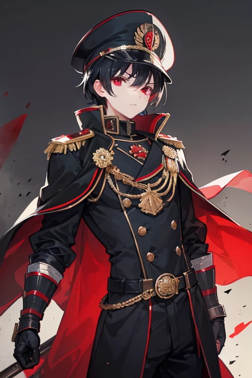 (masterpiece, best quality), 1boy, black hair, red eyes, iron gauntlets, black commissar uniform, black commissar hat, soviet background,