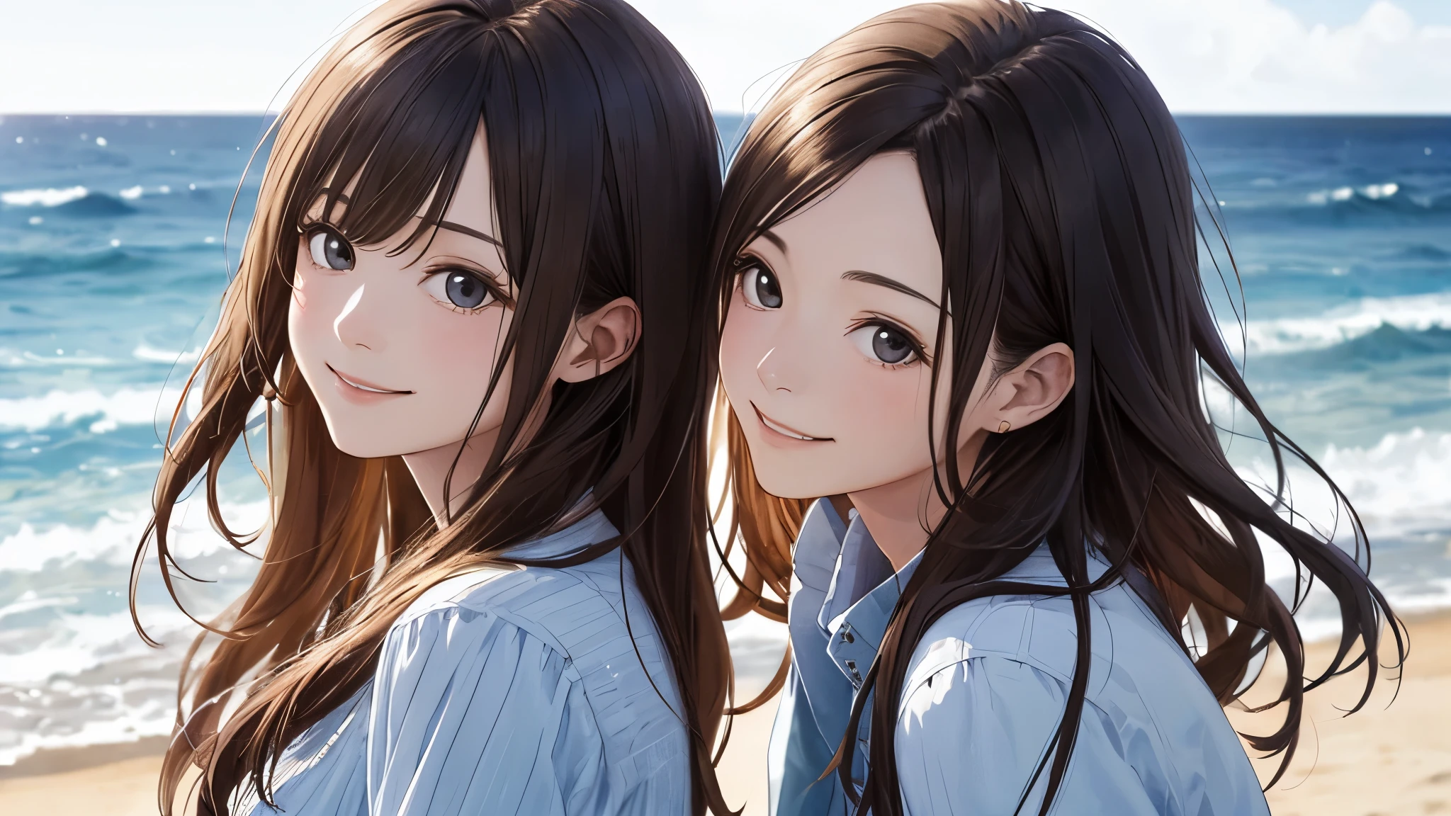 Shiraishi Mai, Looks exactly like Shiraishi Mai, A kind smile ,Long Hair,  Dark brown hair, 2 girls, 18-year-old, photograph, Realistic, highest quality, Detailed face, Strong sunlight, Ocean, Detailed Background, Diffused sunlight, Depth of written boundary, Bokeh (highest quality: 1.2), (masterpiece: 1.2), Watch Viewer, one piece, White Theme, Thin Blue Stripes,cowboy shot,Looking up at the sky