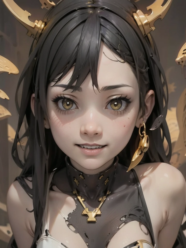 (High resolution), (Ultra delicate), (clear), Realistic，((A girl with black hair and gold inner color)).((cyber punk)），face，Skin realism、A fusion of Japanese style and the near future、white hot pants、Black pupil、creepy appearance, Unique atmosphere、A man surrounded by a multitude of insects、grotesque