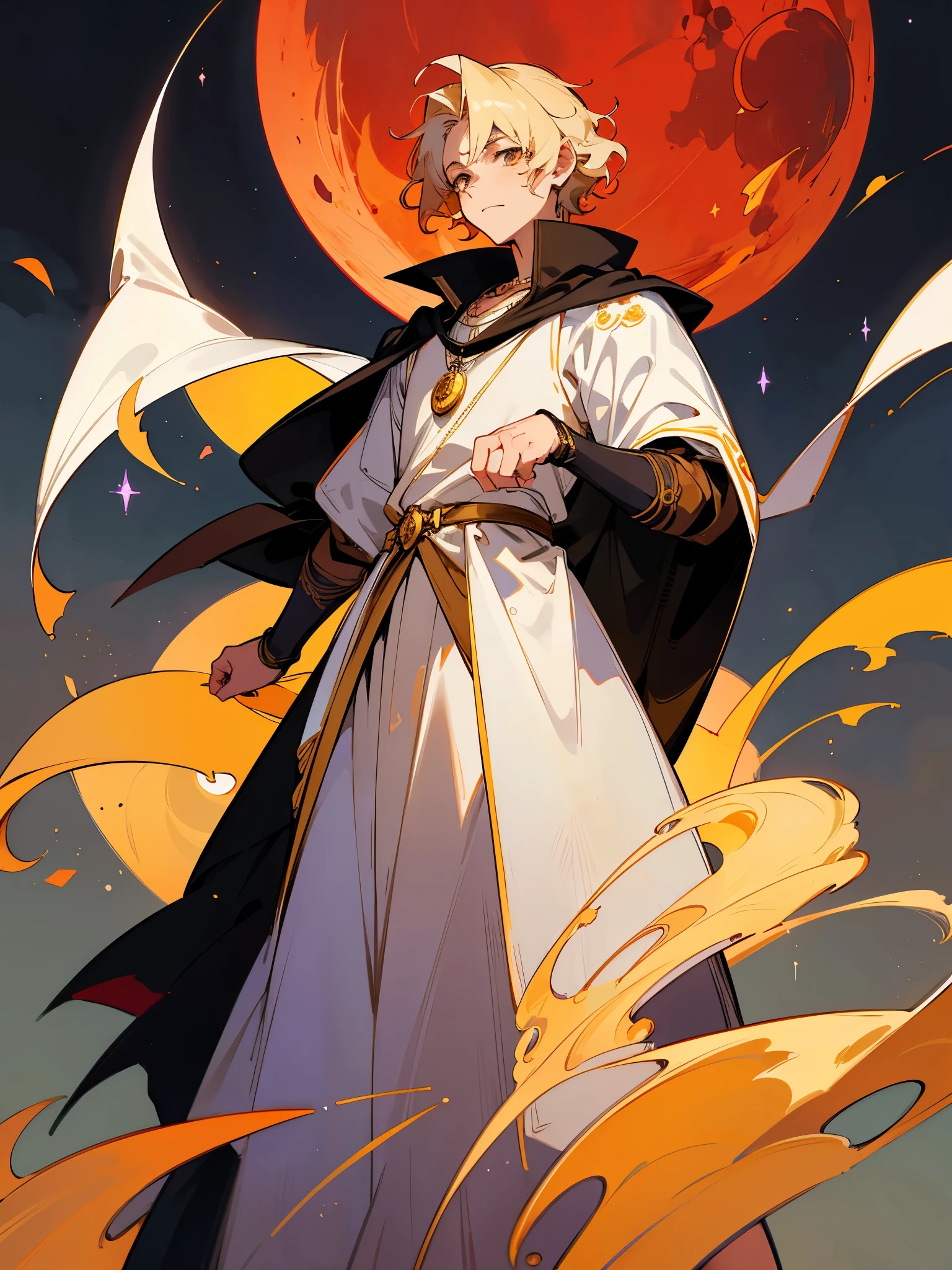 Boy with short wheat-colored hair, amber-honey eyes, a noble and mature appearance, wearing white armor covered by a black cloak. The hair is short and wavy, with a neutral expression. The character is adorned with a full crescent moon and a waning moon necklace, as well as a red moon amethyst necklace. Anime style ((ONE CHARACTER))