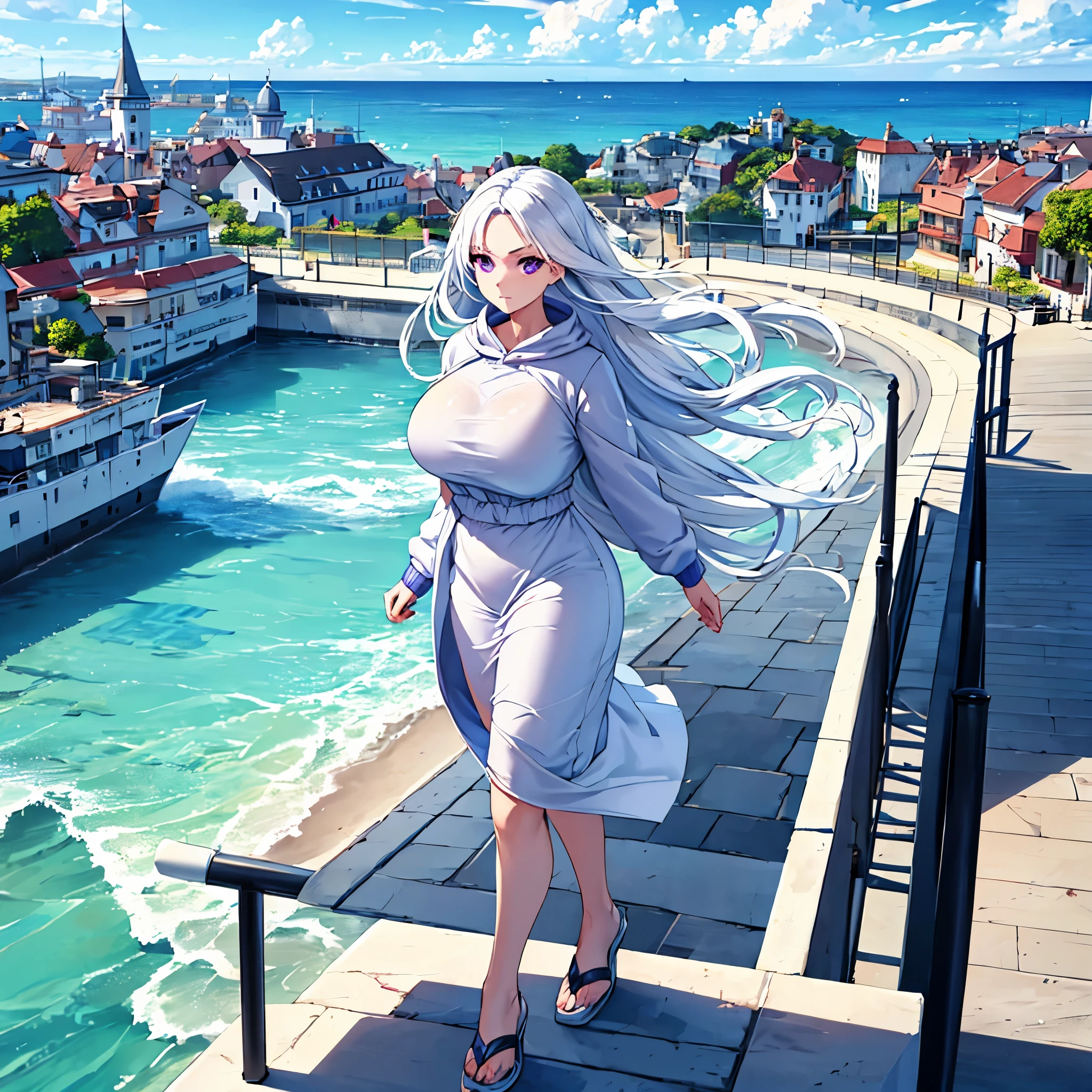 a woman wearing a long white sweatshirt with faint blue details, long white hair with faint blue details, purple eyes, walking on a platform with a view of the sea and buildings, blue sky with clouds, during the day, big breasts,(woman solo)ultra resolution, very detailed, HDR, masterpiece, 8K hd