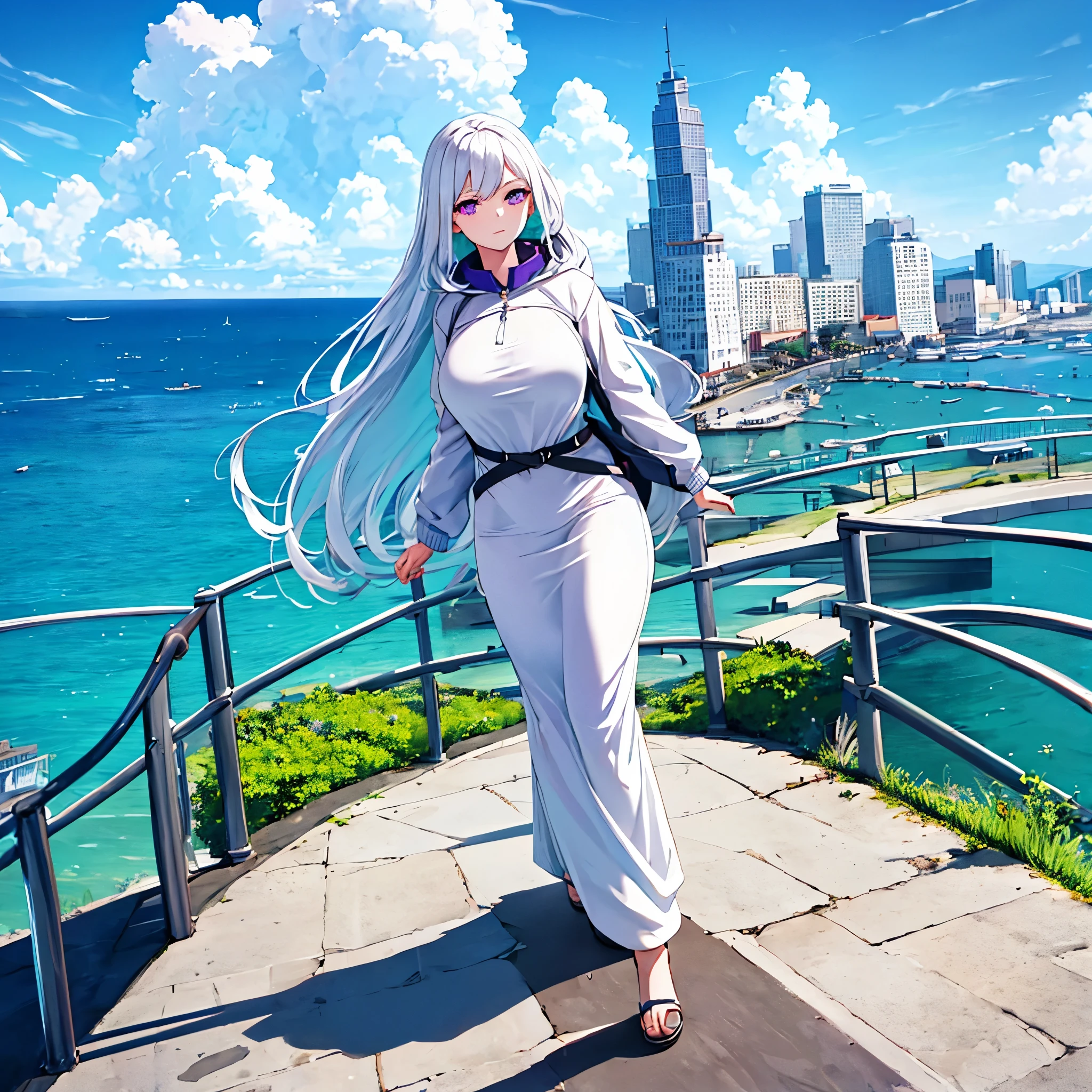 a woman wearing a long white sweatshirt with faint blue details, long white hair with faint blue details, purple eyes, walking on a platform with a view of the sea and buildings, blue sky with clouds, during the day, big breasts,(woman solo)ultra resolution, very detailed, HDR, masterpiece, 8K hd