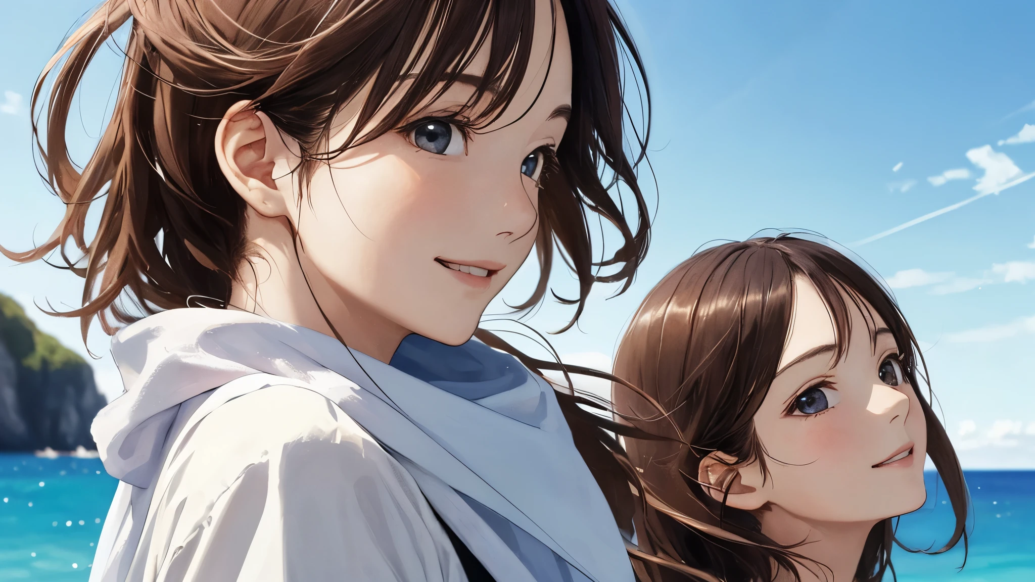 Shiraishi Mai, Looks exactly like Shiraishi Mai, A kind smile ,bob hair, Dark brown hair, (2 girls:1.2), 18-year-old, photograph, Realistic, highest quality, Beautiful eyes、Detailed face, Strong sunlight, Ocean, Fantastic blue sky、Detailed Background, Diffused sunlight, Depth of written boundary, Bokeh (highest quality: 1.2), (masterpiece: 1.2), Watch Viewer, one piece, White Theme, Thin Blue Stripes,cowboy shot,((Profile looking up at the sky:1.2)),profile
