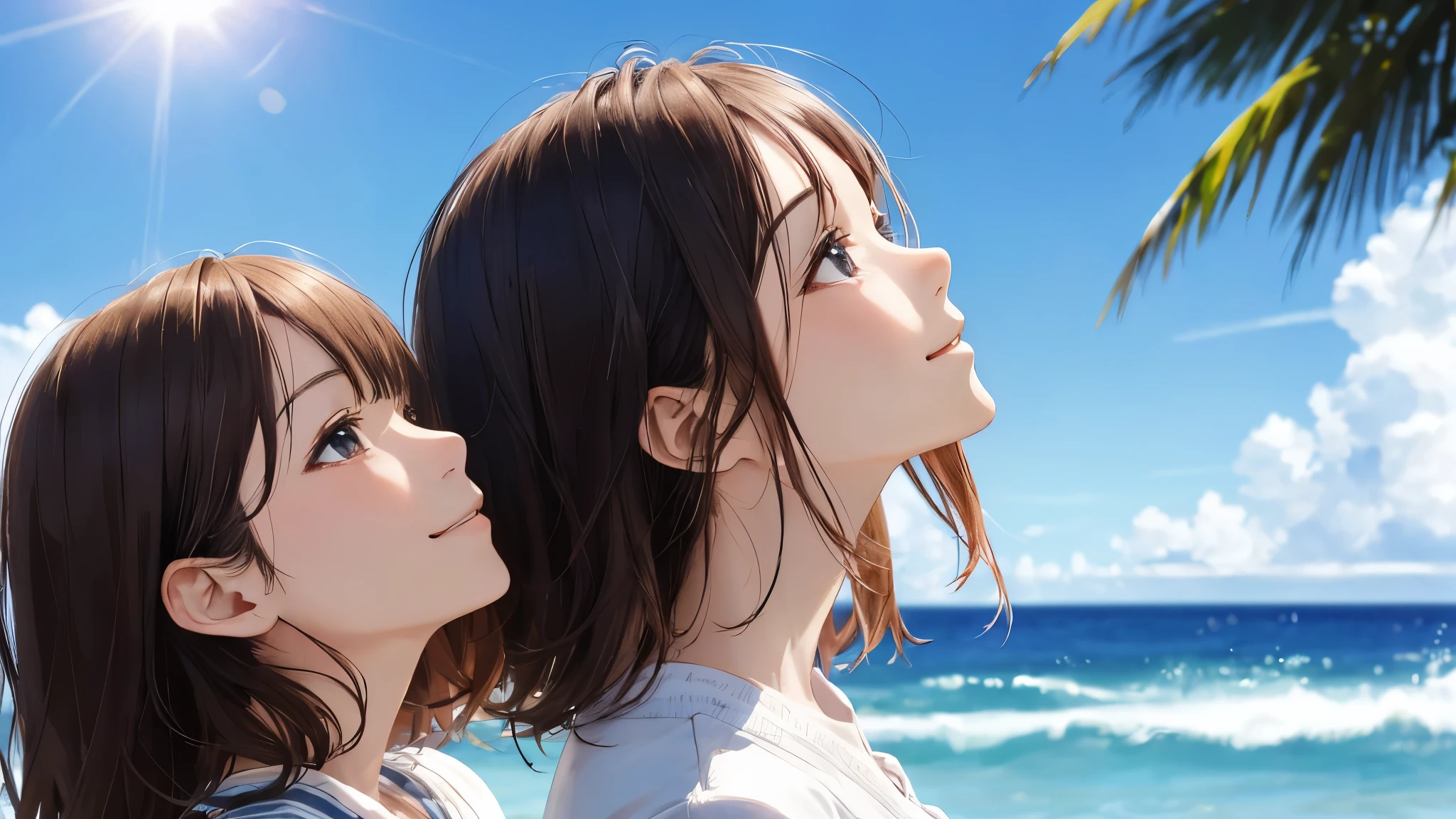 Shiraishi Mai, Looks exactly like Shiraishi Mai, A kind smile ,bob hair, Dark brown hair, (2 girls:1.2), 18-year-old, photograph, Realistic, highest quality, Beautiful eyes、Detailed face, Strong sunlight, Ocean, Fantastic blue sky、Detailed Background, Diffused sunlight, Depth of written boundary, Bokeh (highest quality: 1.2), (masterpiece: 1.2), Watch Viewer, one piece, White Theme, Thin Blue Stripes,cowboy shot,((Profile looking up at the sky:1.2)),profile