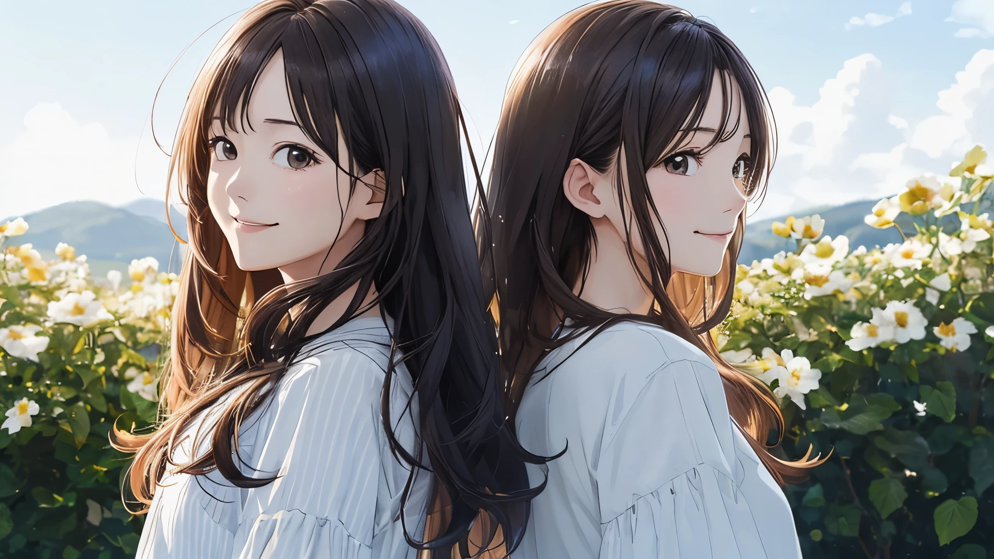 Shiraishi Mai, Looks exactly like Shiraishi Mai, A kind smile, , ,Long Hair,  Dark brown hair, 2 girls, 18-year-old, photograph, Realistic, highest quality, Detailed face, Strong sunlight, Blue sky、White cloud、 Detailed Background, Diffused sunlight, Depth of written boundary, Bokeh (highest quality: 1.2), (masterpiece: 1.2), Watch Viewer, one piece, White Theme, Thin Blue Stripes,back view
