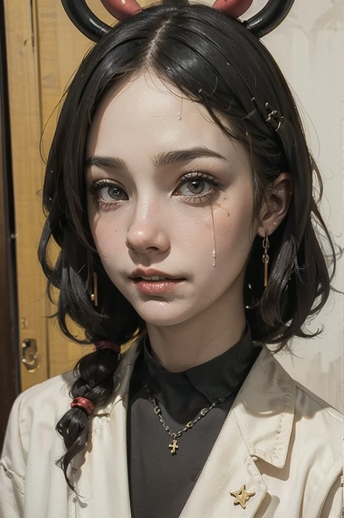  (masterpiece: 1.2, highest quality),（dark skin）、((Full Body))、((Flat Chest))、Side close-up、Close up of 18 year old woman、Angle from above、There is a lot of white slime on my face、look at the camera with a sad face、Drooling、Angle from below、nightmare, doll-like face, Horror elements 、Unique atmosphere、Colorful devil clown, Japanese painting, creepy appearance, Characteristic hairstyle,（Colorful hair colors）、Collar with chain、National costume
