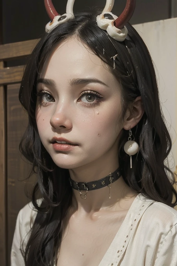 (masterpiece: 1.2, highest quality),(dark skin)、((Full Body))、((Flat Chest))、Side close-up、Close up of 18 year old woman、Angle from above、There is a lot of white slime on my face、look at the camera with a sad face、Drooling、Angle from below、nightmare, doll-like face, Horror elements 、Unique atmosphere、Colorful devil clown, Japanese painting, creepy appearance, Characteristic hairstyle,(Colorful hair colors)、Collar with chain、National costume