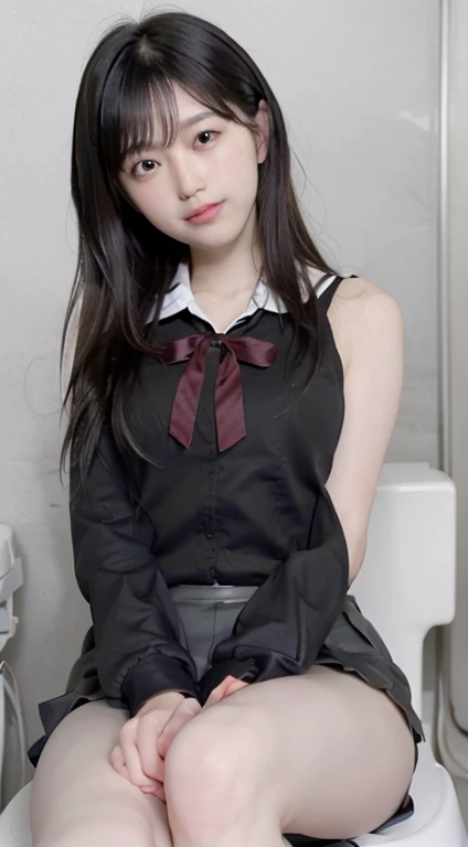 Tabletop, highest quality, 8k, office ladyー、Mei Watanabe、Award-winning portraits, smile, alone, Digital single-lens reflex camera, Looking at the audience, Thin arms, whole body、Professional Lighting ,{{Sitting on the toilet}}, Short black hair, office lady{{Tight Skirt、Pencil Skirt、mini skirt}}、White panties、View from the front