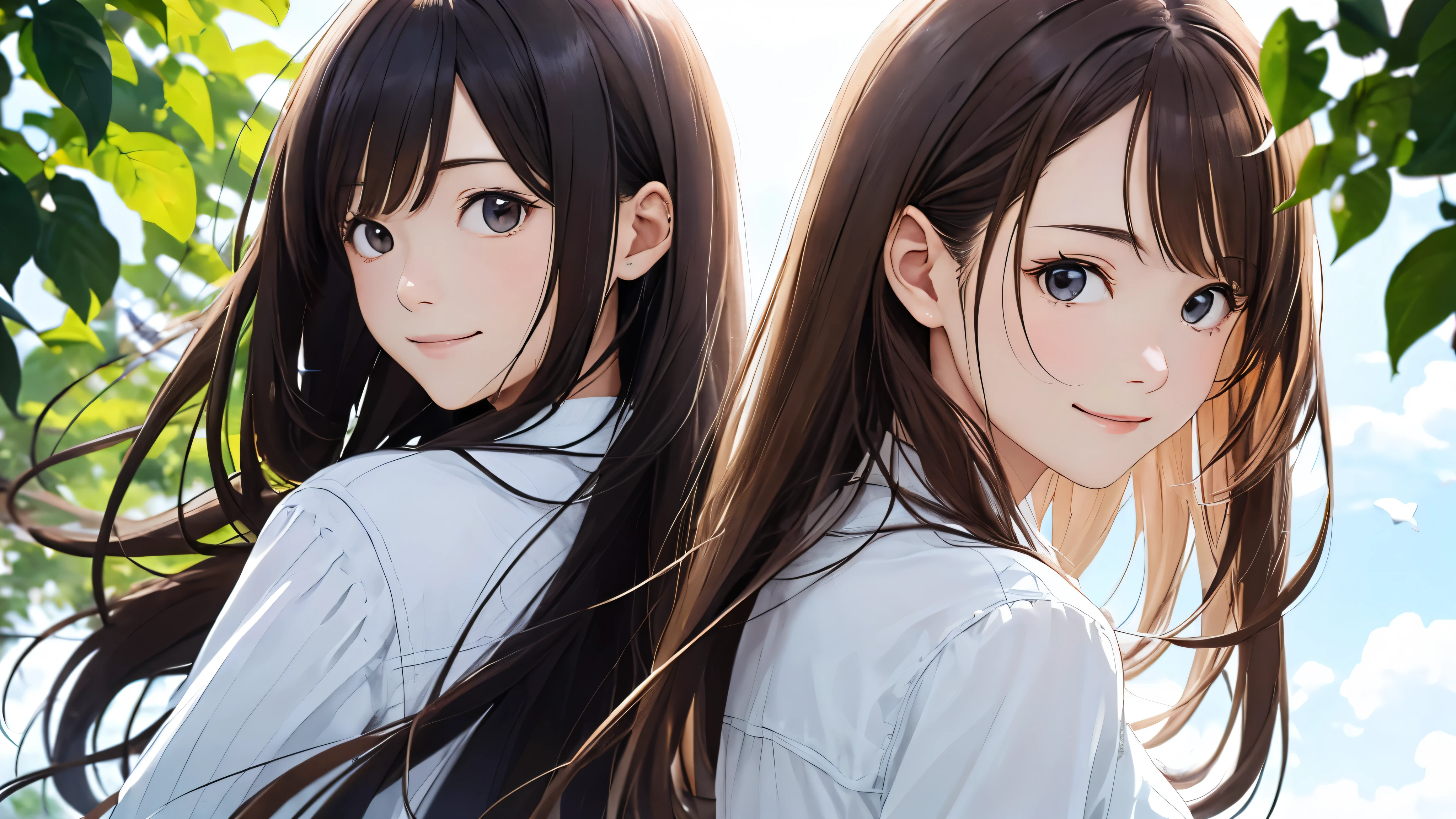Shiraishi Mai, Looks exactly like Shiraishi Mai, A kind smile, , ,Long Hair,  Dark brown hair, 2 girls, 18-year-old, photograph, Realistic, highest quality, Detailed face, Strong sunlight, Blue sky、White cloud、 Detailed Background, Diffused sunlight, Depth of written boundary, Bokeh (highest quality: 1.2), (masterpiece: 1.2), Watch Viewer, one piece, White Theme, Thin Blue Stripes,back view
