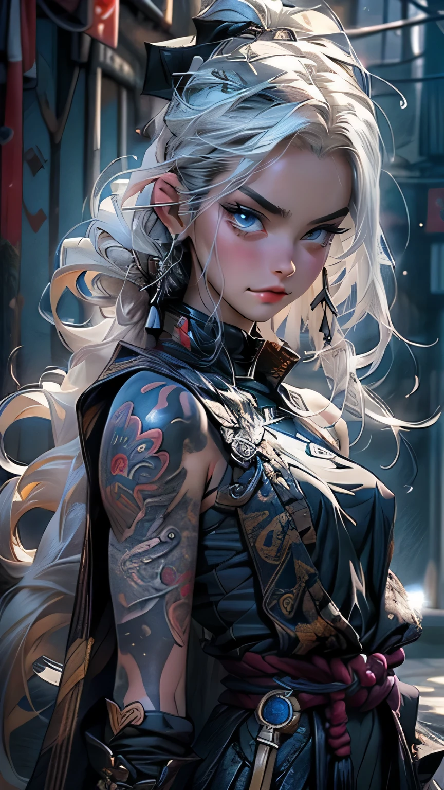(masterpiece), best quality,1 girl, white hair, long hair, hair decorations, sensual face, white skin, tattooed body, posing, carrying a samurai sword, katana, Masterpiece, best quality, realistic, ultra high resolution, depth of field. (detailed background), (masterpiece: 1.2), (ultra detailed), (best quality), complex and complete cinematic photography, magical, (gradients), colorful and detailed landscape, visual key.,more detail XL