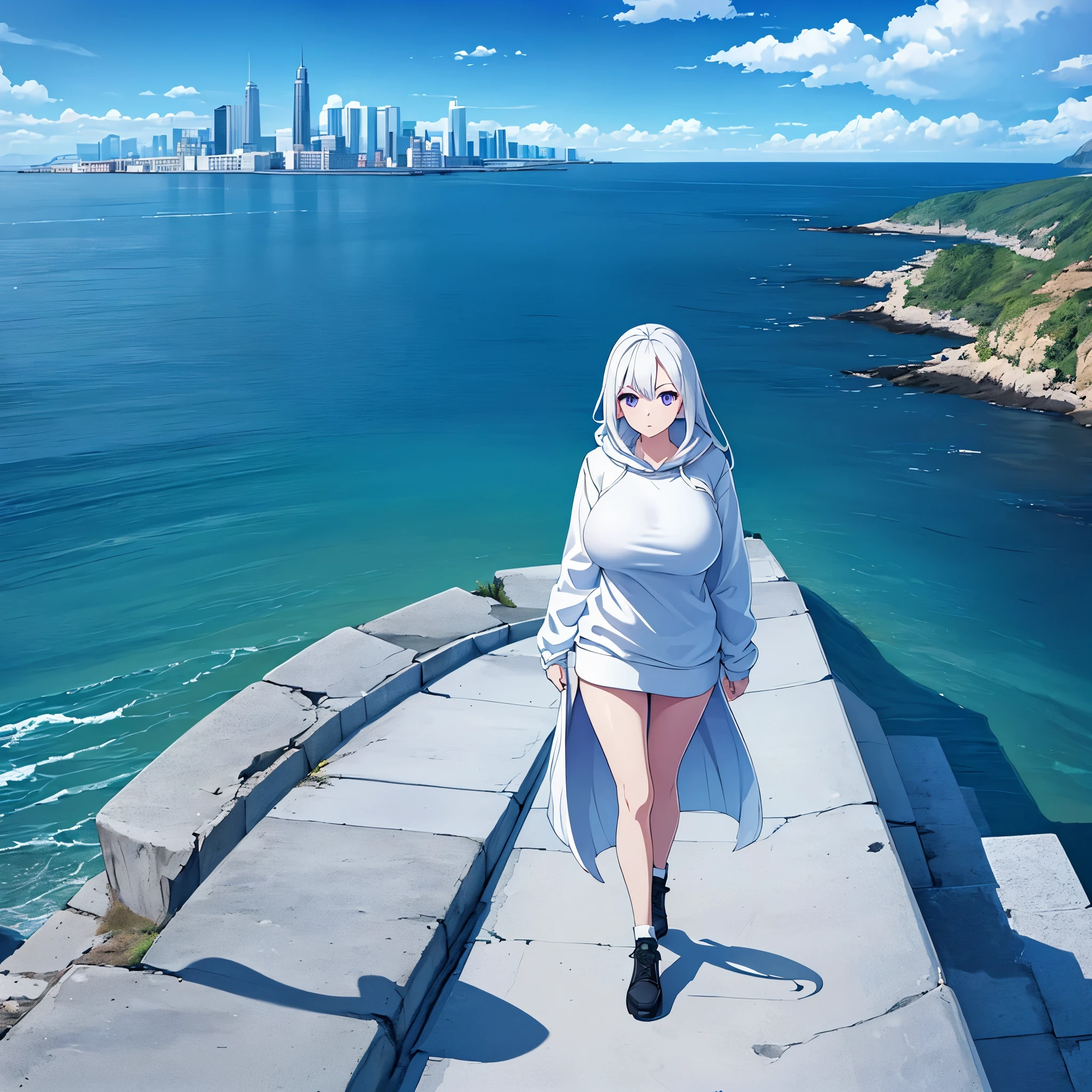 a woman wearing a long white cold sweatshirt with faint blue details, long white hair with faint blue details, purple eyes, walking on a platform with a view of the sea and buildings, blue sky with clouds, during the day, big breasts,,(woman solo)ultra resolution, very detailed, HDR, masterpiece, 8K hd