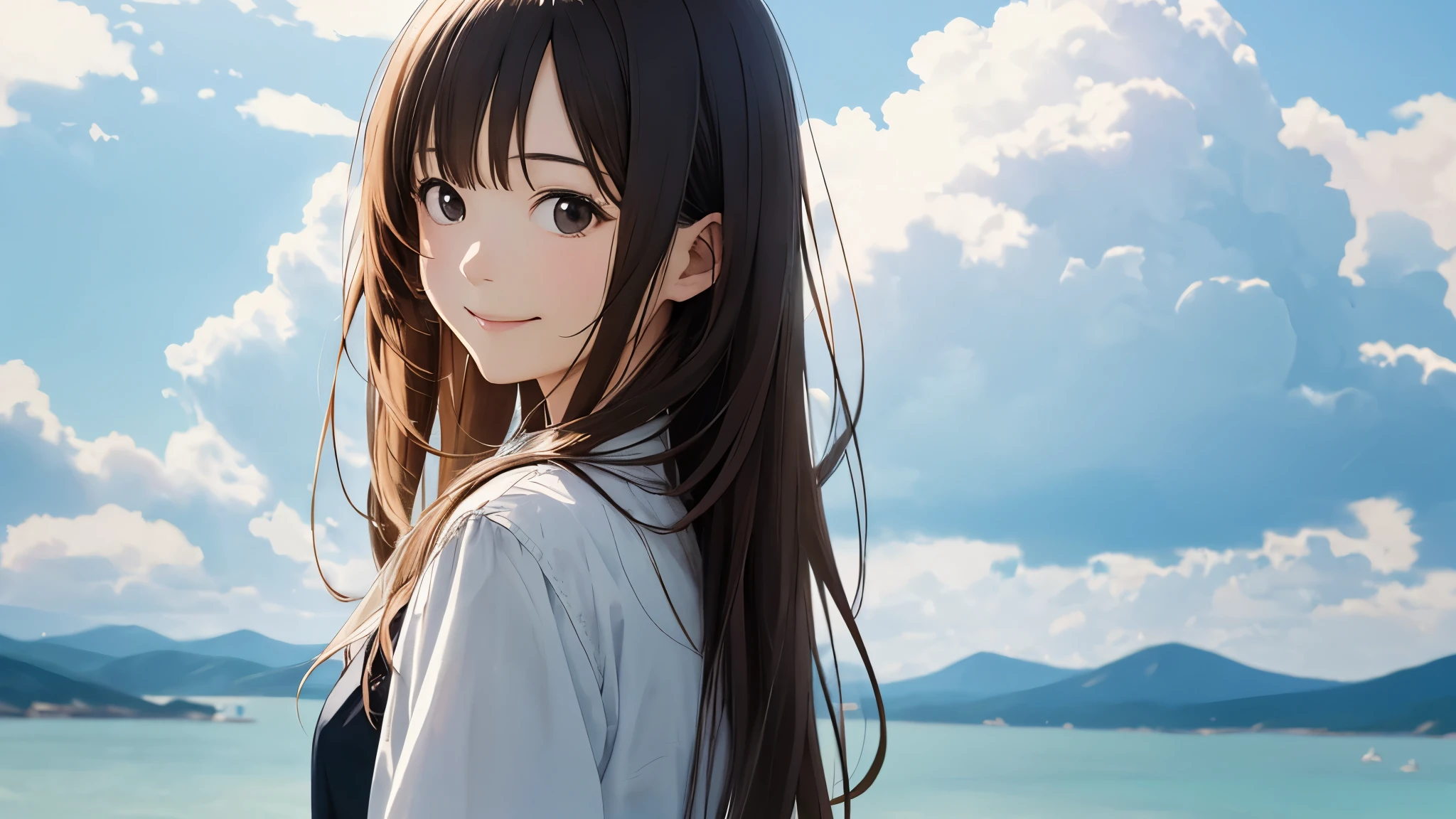Shiraishi Mai, Looks exactly like Shiraishi Mai, A kind smile, , ,Long Hair, Dark brown hair, 2 girls, 18-year-old, photograph, Realistic, highest quality, Detailed face, Strong sunlight, Blue sky、White cloud、 Detailed Background, Diffused sunlight, Depth of written boundary, Bokeh (highest quality: 1.2), (masterpiece: 1.2), Watch Viewer, one piece, White Theme, Thin Blue Stripes,back view