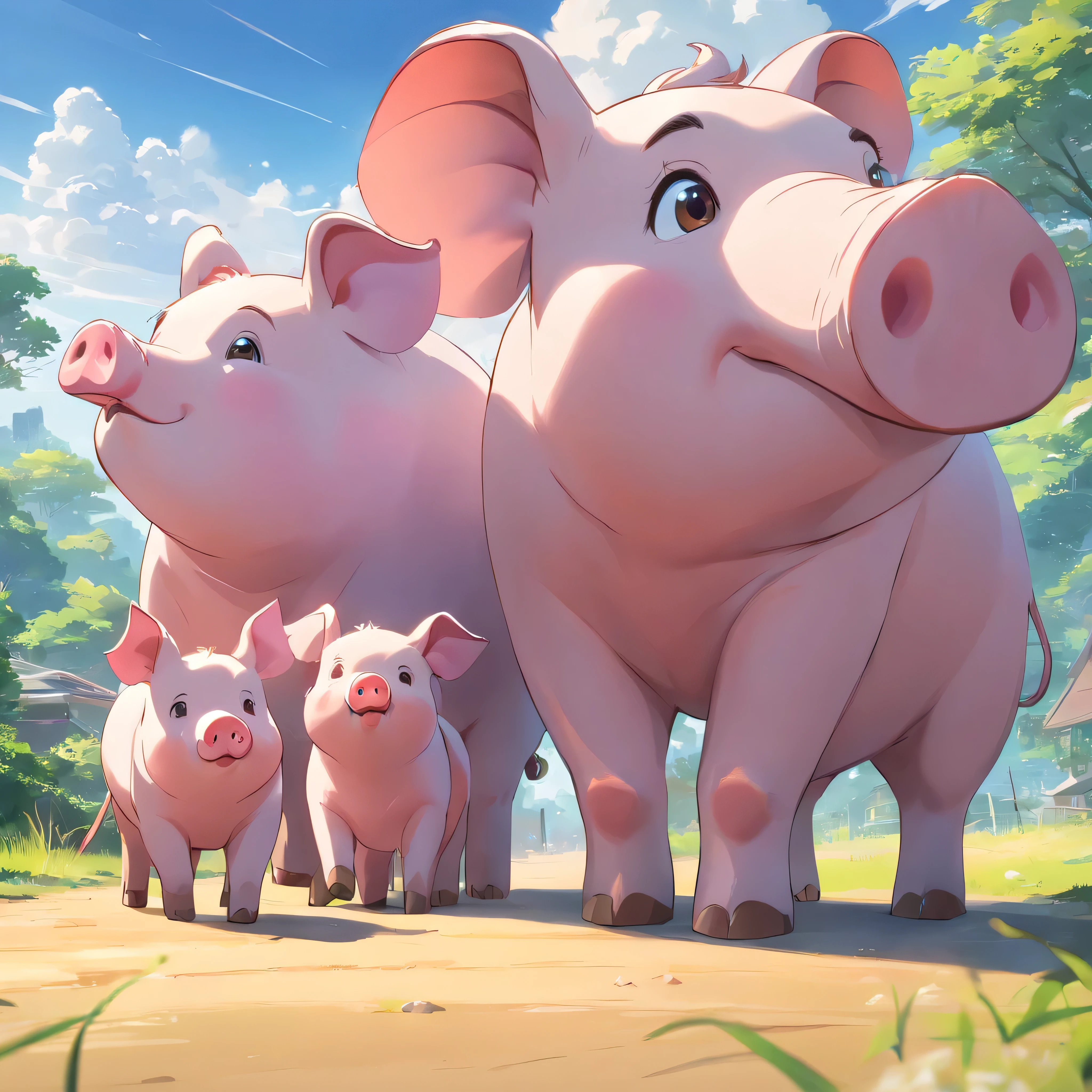 Dibuja 3 cerdos y elefantes de dibujos animados. ,estilo 3d,licuadora,adorable, sunny day