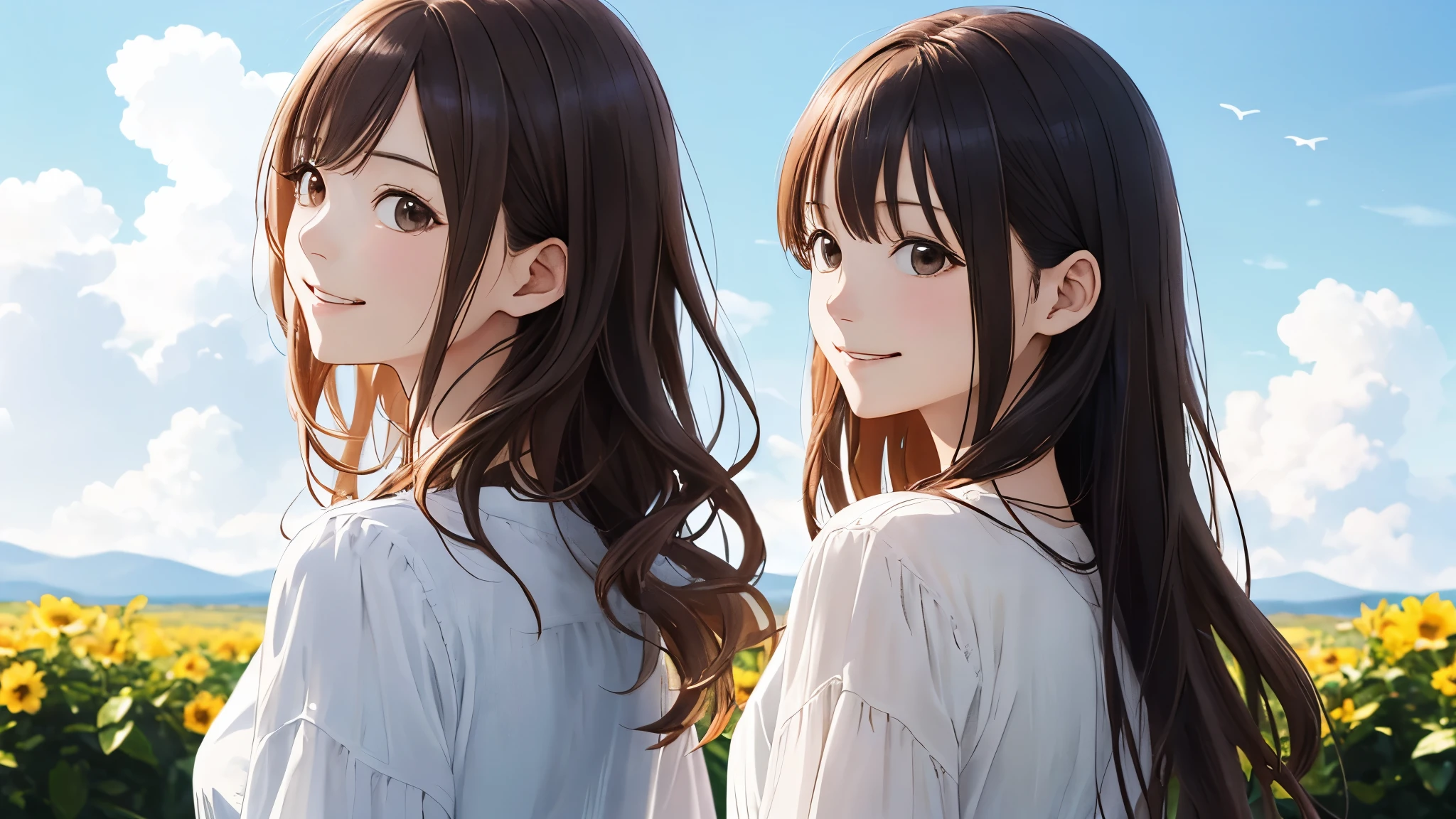 Shiraishi Mai, Looks exactly like Shiraishi Mai, A kind smile, , ,Long Hair, Dark brown hair, (2 girls:1.2), 18-year-old, photograph, Realistic, highest quality, Detailed face, Strong sunlight, Blue sky、White cloud、 Detailed Background, Diffused sunlight, Depth of written boundary, Bokeh (highest quality: 1.2), (masterpiece: 1.2), Watch Viewer, one piece, White Theme, Thin Blue Stripes,back view