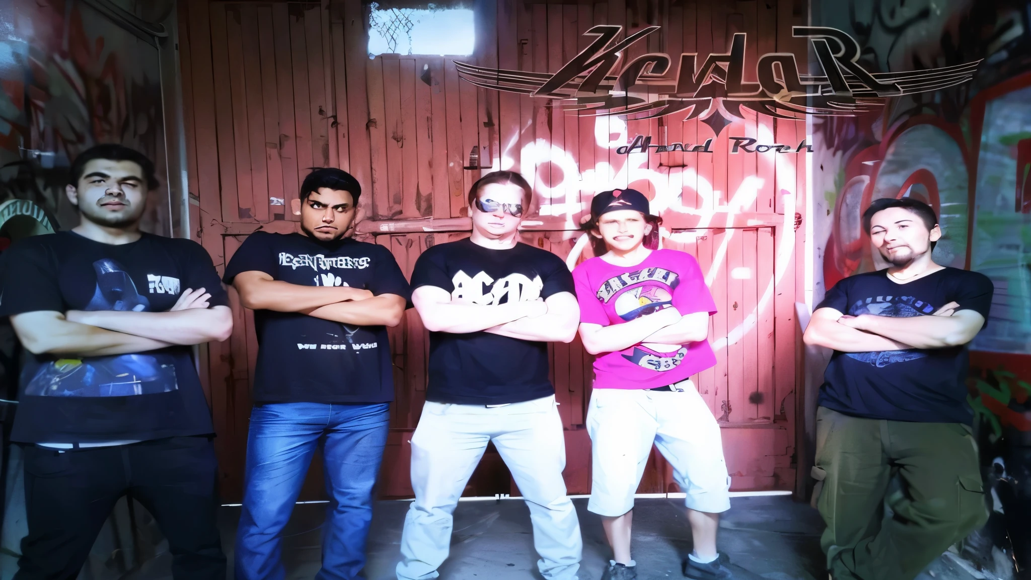 Grupo de hombres arafados parados frente a una puerta con graffiti, proto - metal band promotion, band promotion, heavy metal band promotion, promotional session, photo from a promotional session, band promotion photo, heavy rock band promotion photo, tiro promocional, hard rock, strange, 2 0 0 6 Foto promocional publicitaria, con estilo pop punk